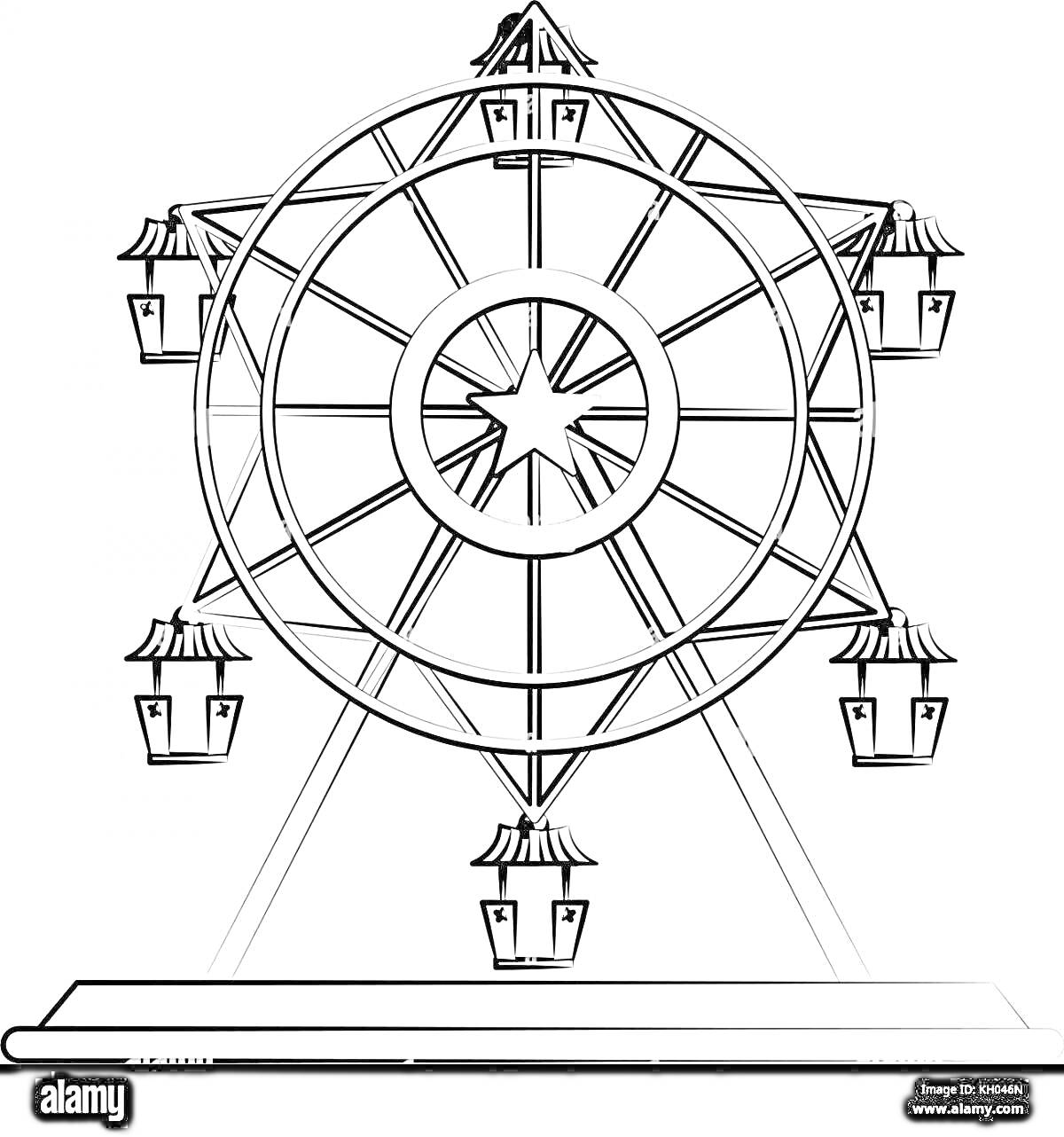 Раскраска Колесо обозрения на платформе с кабинками и звездообразной серединой