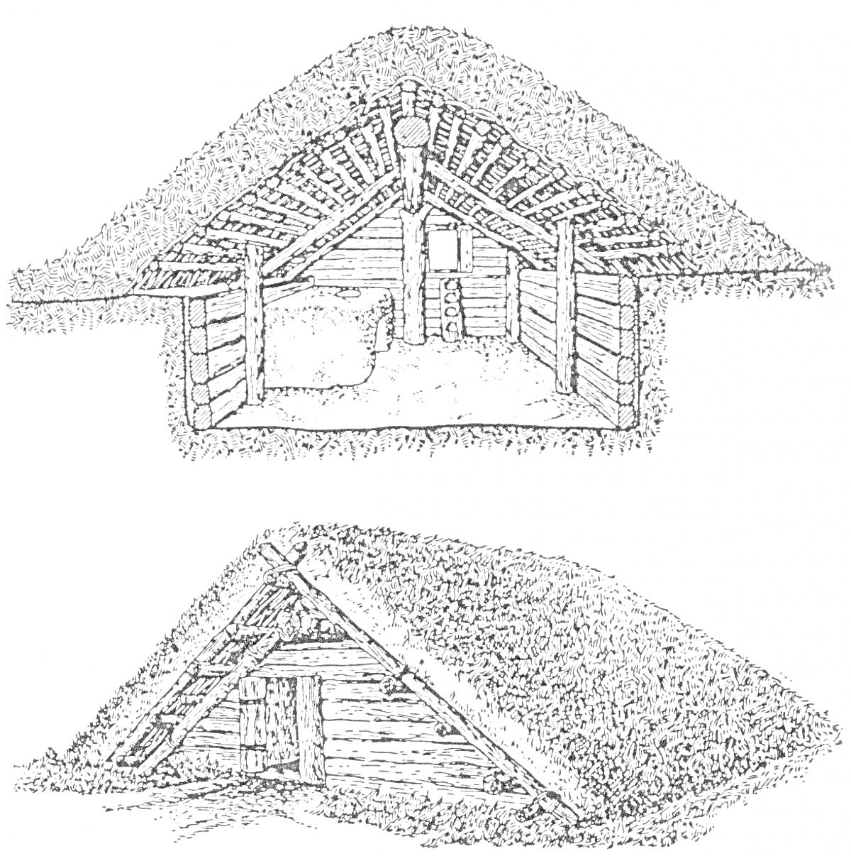 Раскраска Ветхая землянка с крышкой из травы и внутренними деревянными стенами