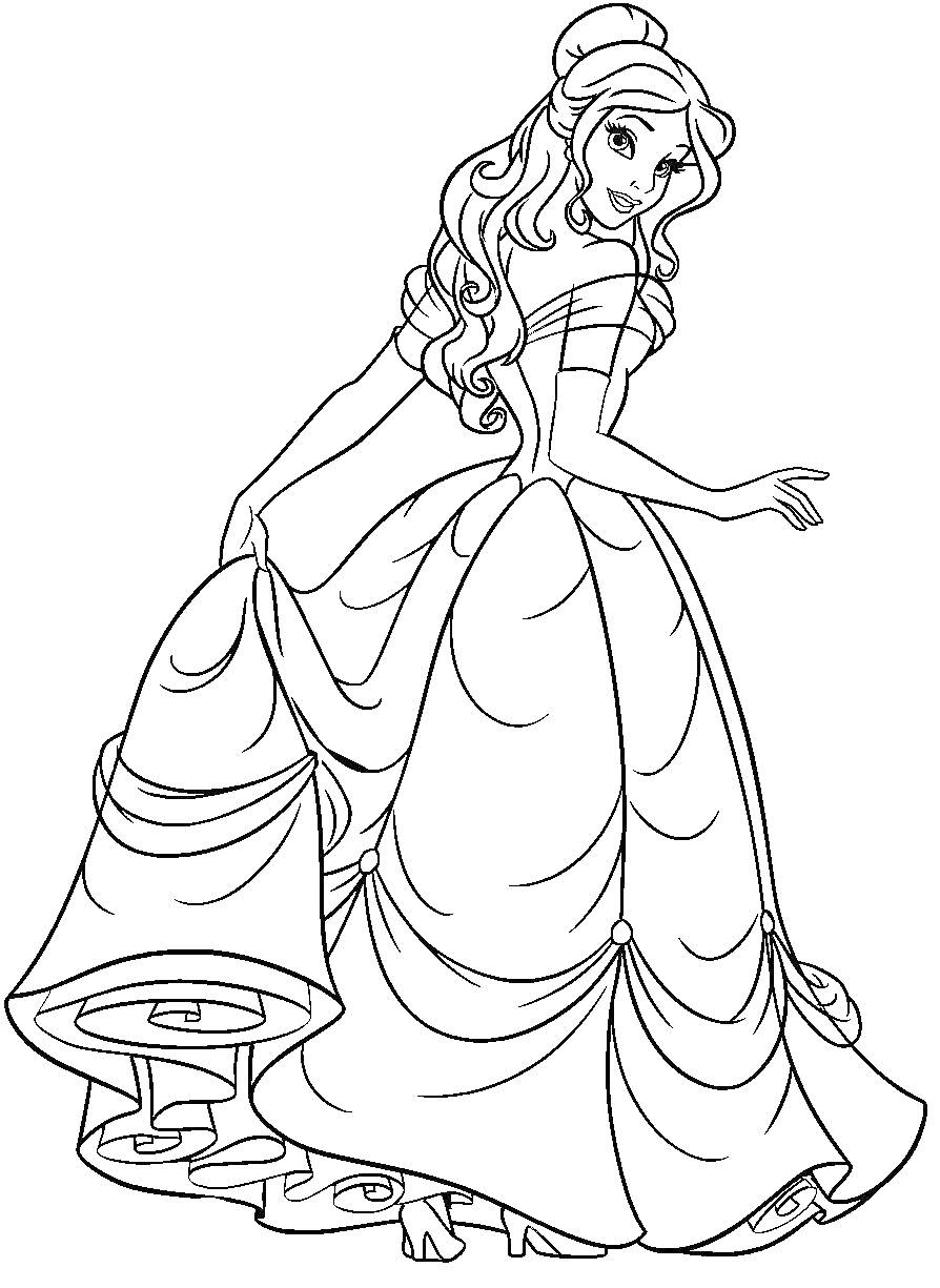 Раскраска Принцесса в пышном платье с длинными волосами