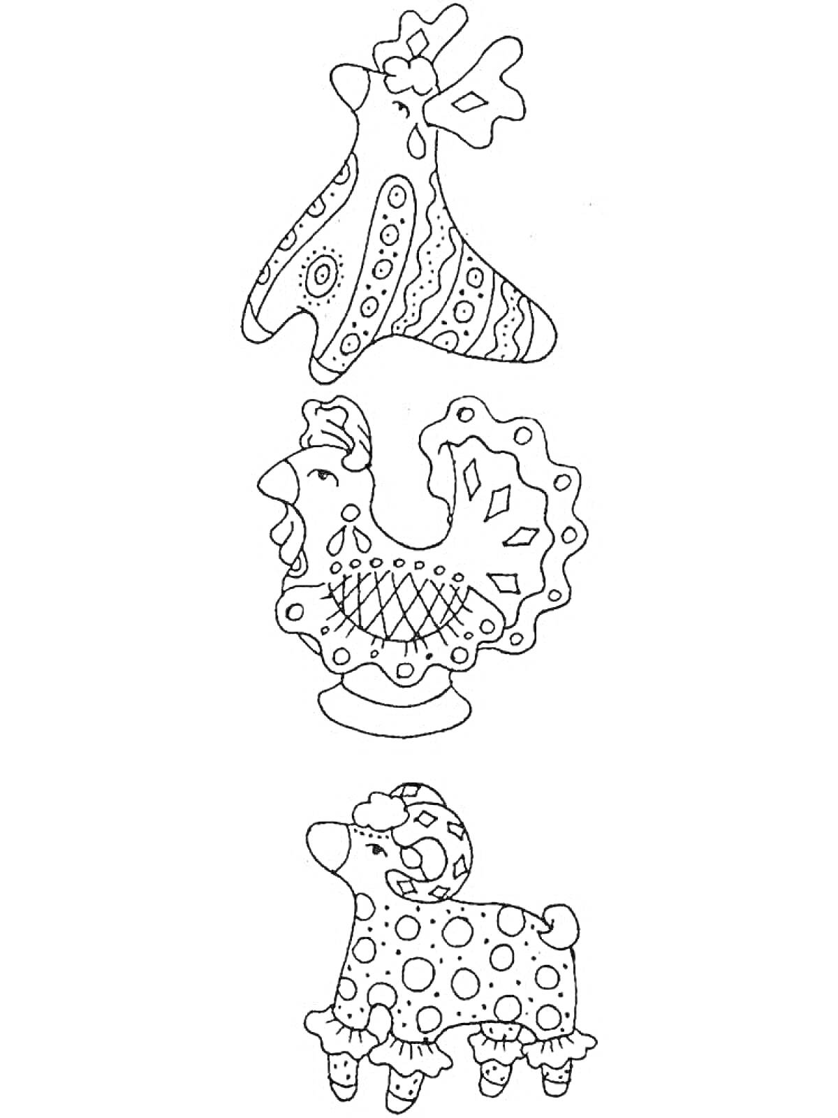 На раскраске изображено: Дымковская игрушка, Конь, Петух, Баран, Творчество, Народная культура