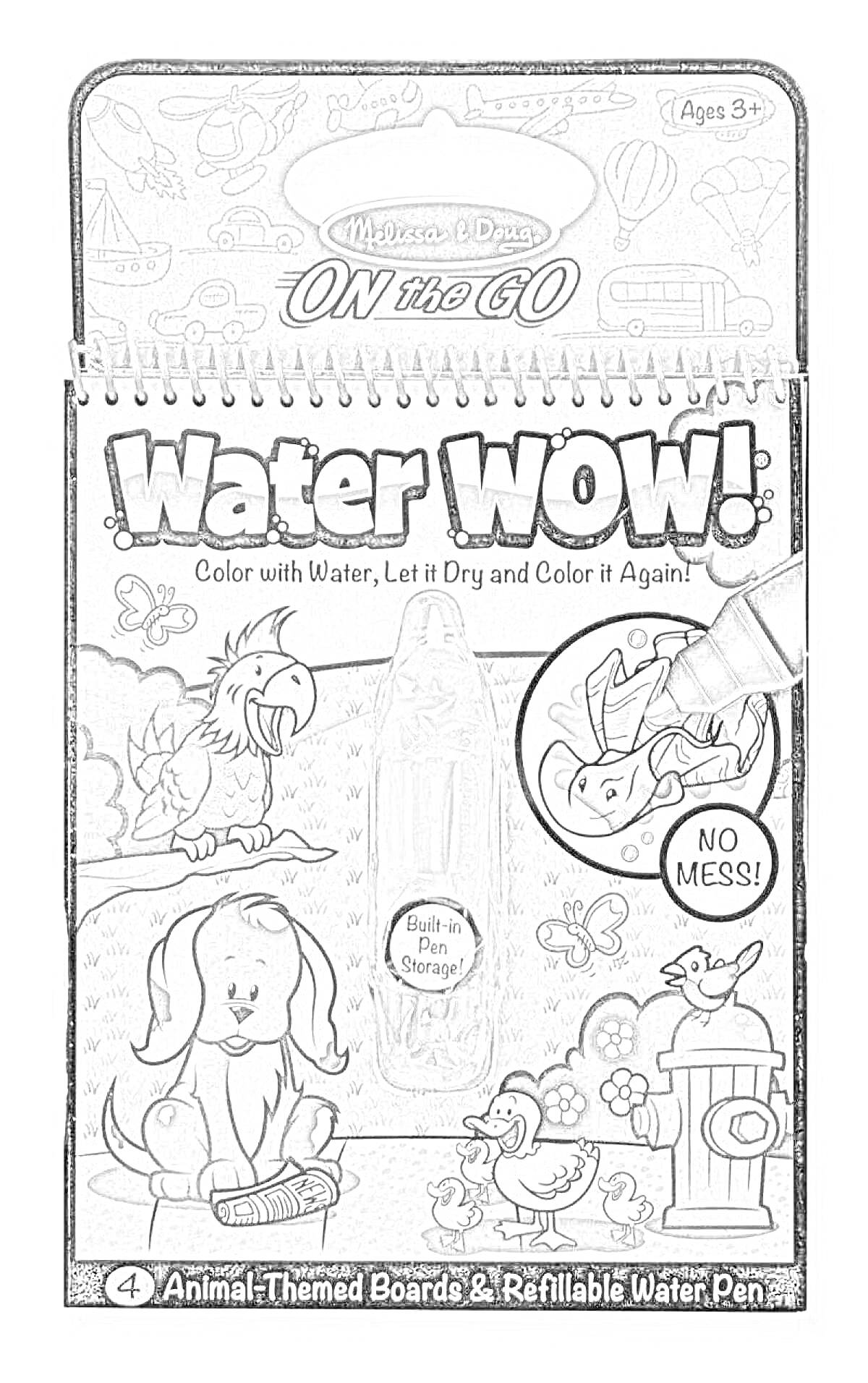 Раскраска Water WOW! Animal-Themed Boards & Refillable Water Pen от Melissa & Doug, водная раскраска, включающая темы с животными, собаку, птицу, домик на заднем плане и перо для рисования водой.