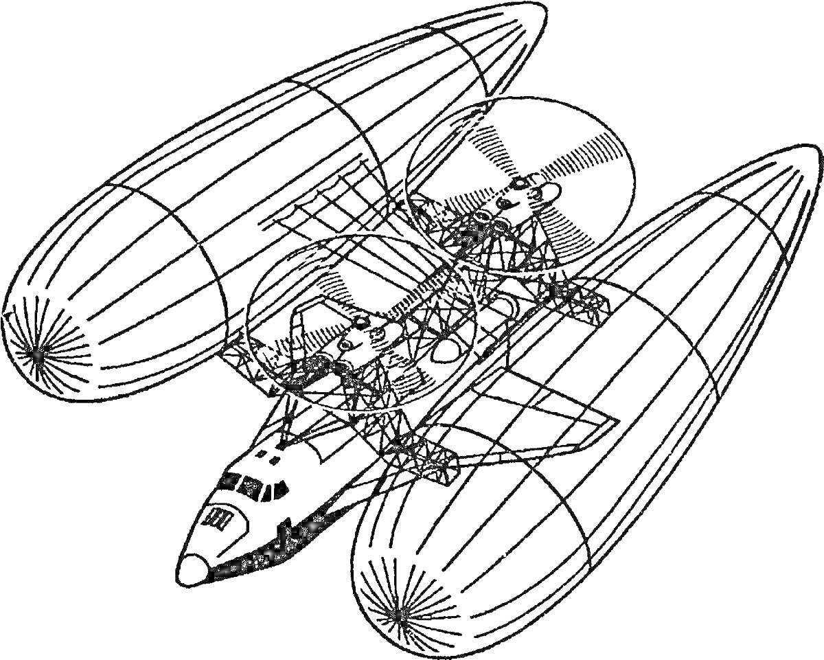 Раскраска Вертолет с двумя большими аэростатами и двумя пропеллерами