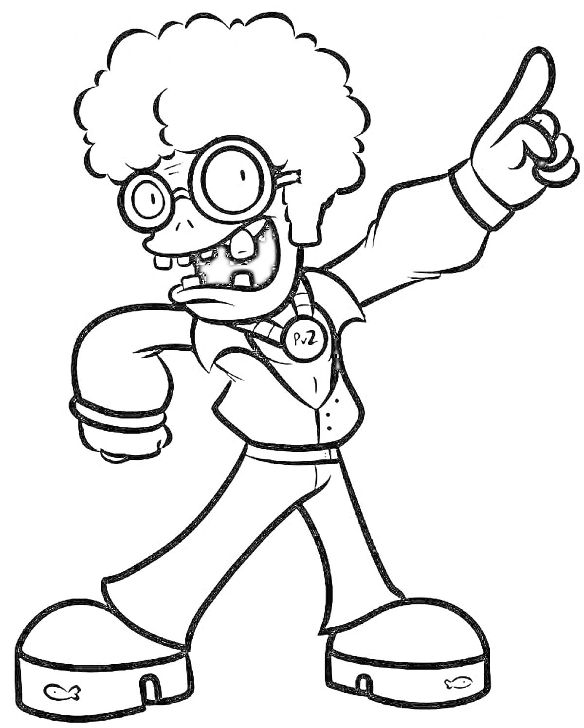 Раскраска Зомби с большими очками и афро-прической, жесты рукой, значок на шее с буквами P.Z., рубашка, брюки, ботинки с рыбками