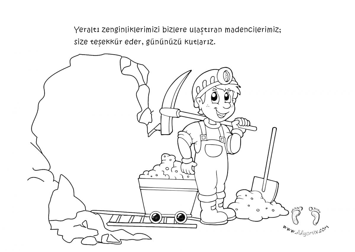 На раскраске изображено: Шахтер, Кирка, Лопата, Камни, Шахта, Работа, Добыча, Труд, Безопасность, Каска