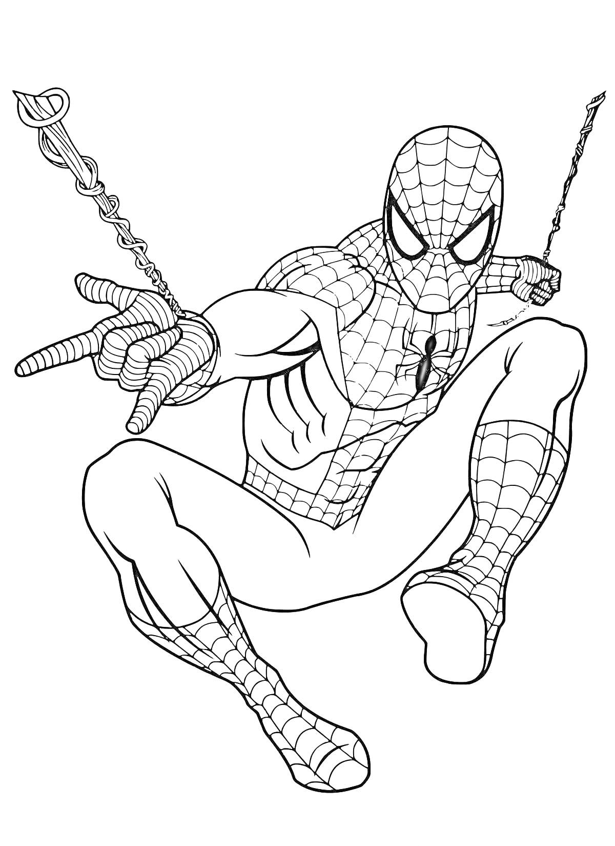 Раскраска Человек-Паук выпускает паутину и раскачивается на паутине с обеих рук.