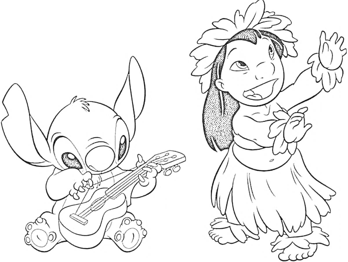 Раскраска Стич играет на гитаре, Лило танцует в гавайском костюме
