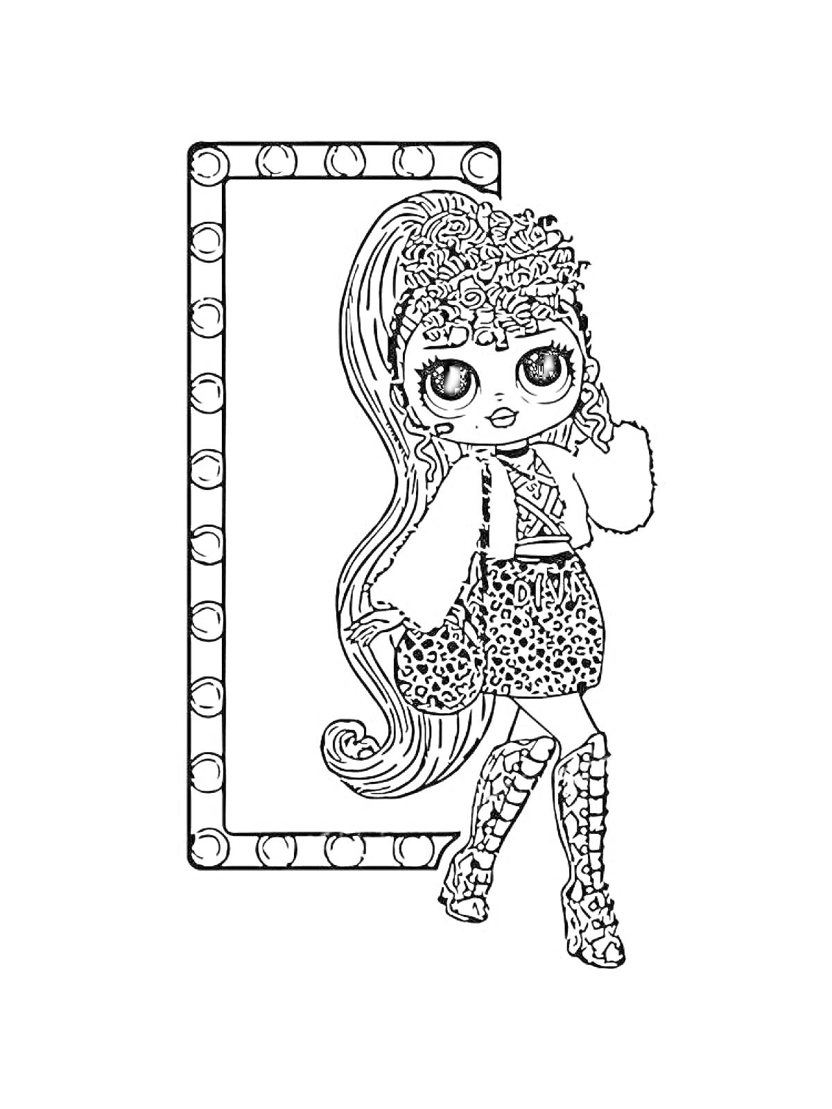 Раскраска Кукла ЛОЛ с длинными волосами в леопардовой юбке и высоких ботинках на фоне зеркала с лампочками