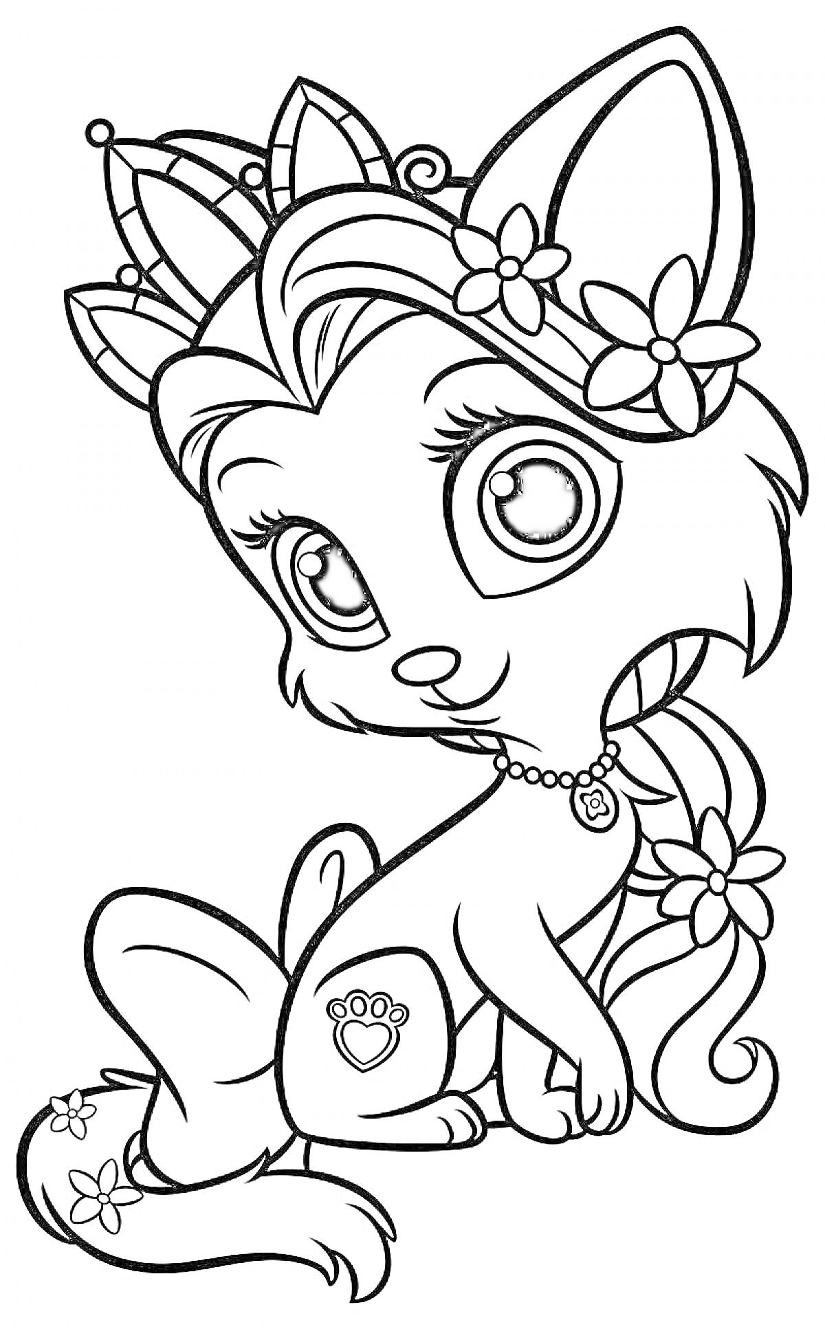 Раскраска Котик с короной и цветами в волосах