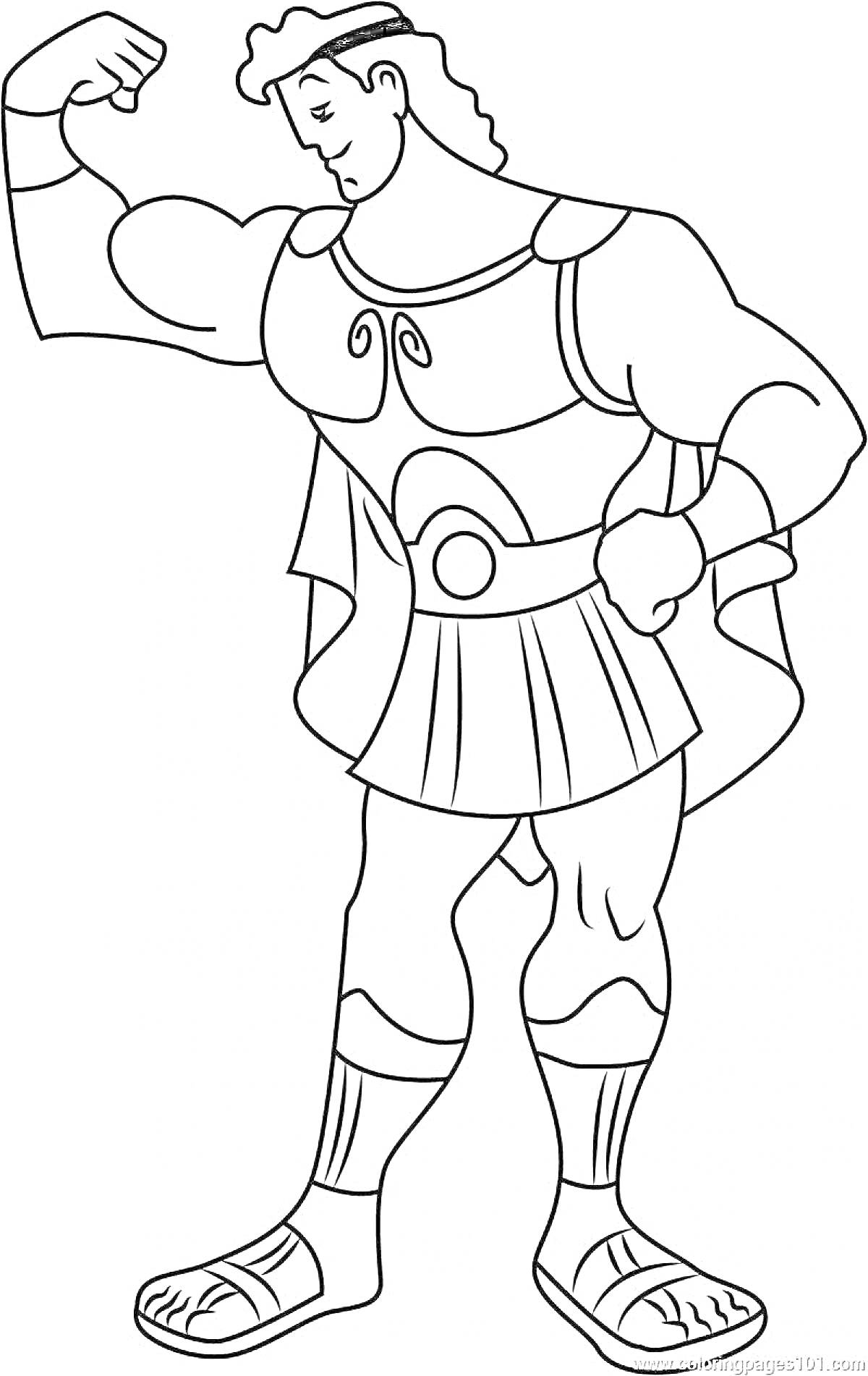 Раскраска с изображением Геракла, демонстрирующего мускулы, одетого в античные доспехи и сандалии