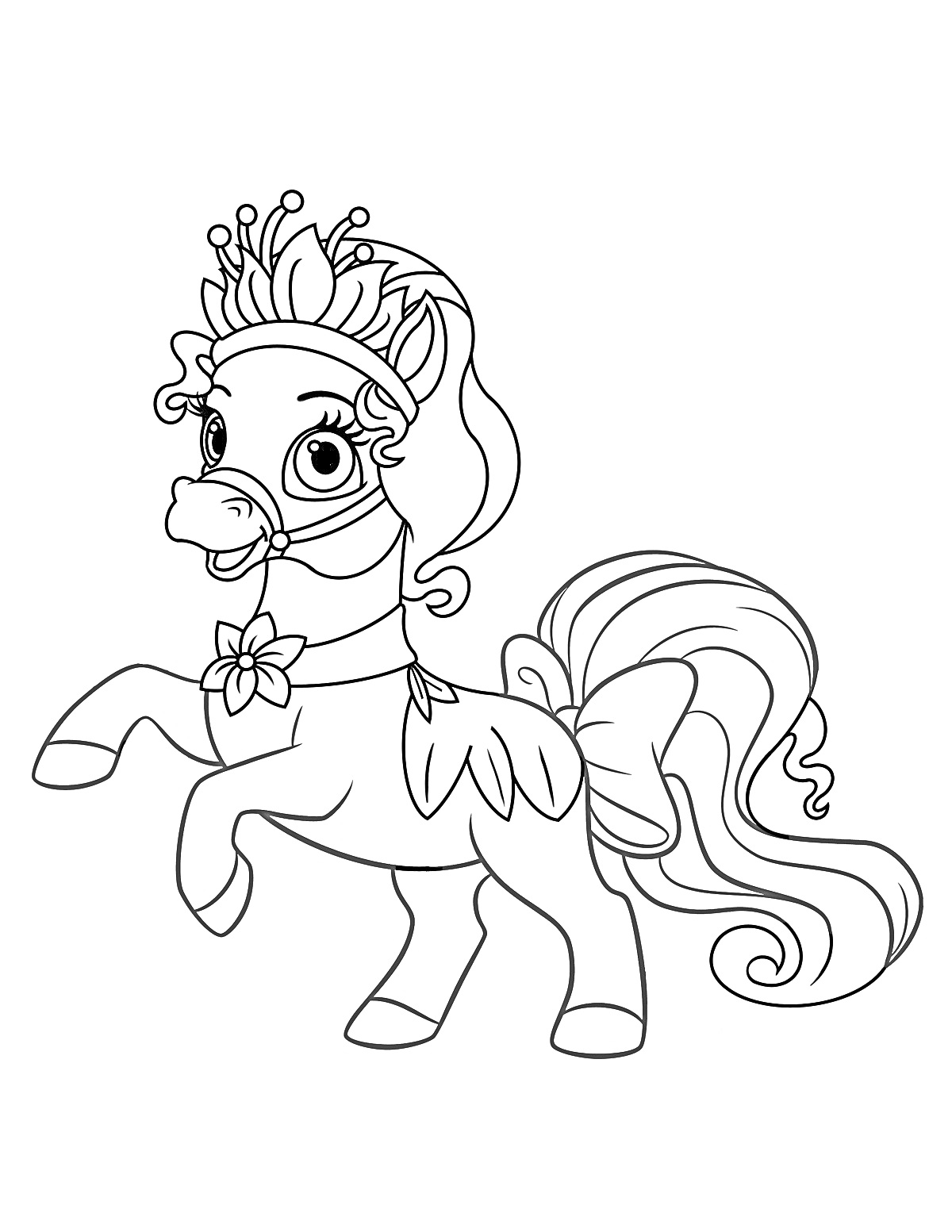 Раскраска Королевский питомец пони с короной и бантом