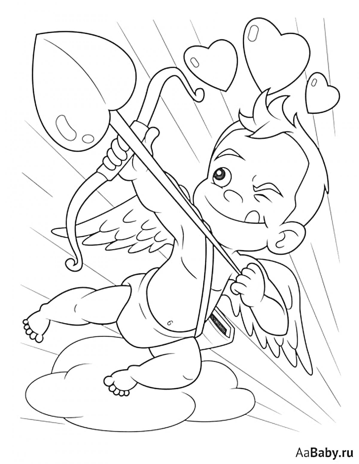 Раскраска Купидон с луком и стрелой на облаке, стреляющий в сердце, три сердца, крылья.