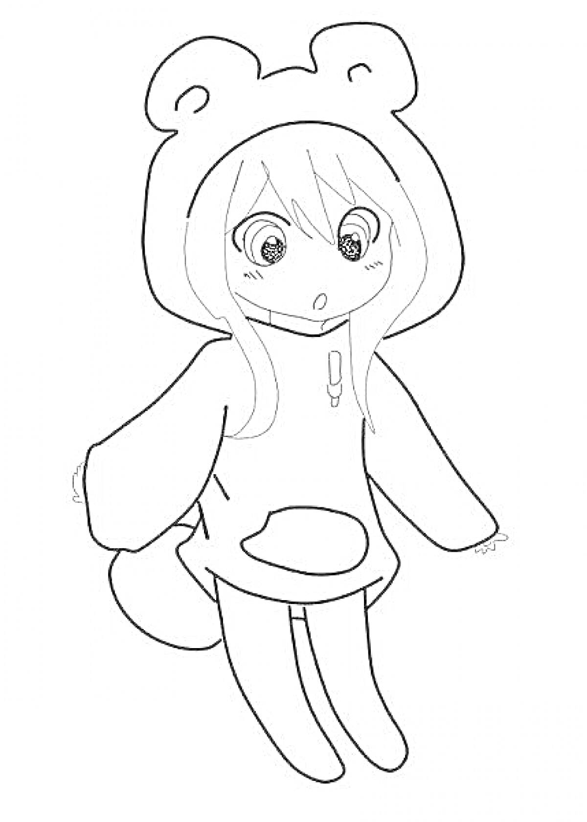Раскраска Девочка в пижаме с капюшоном в виде медвежонка