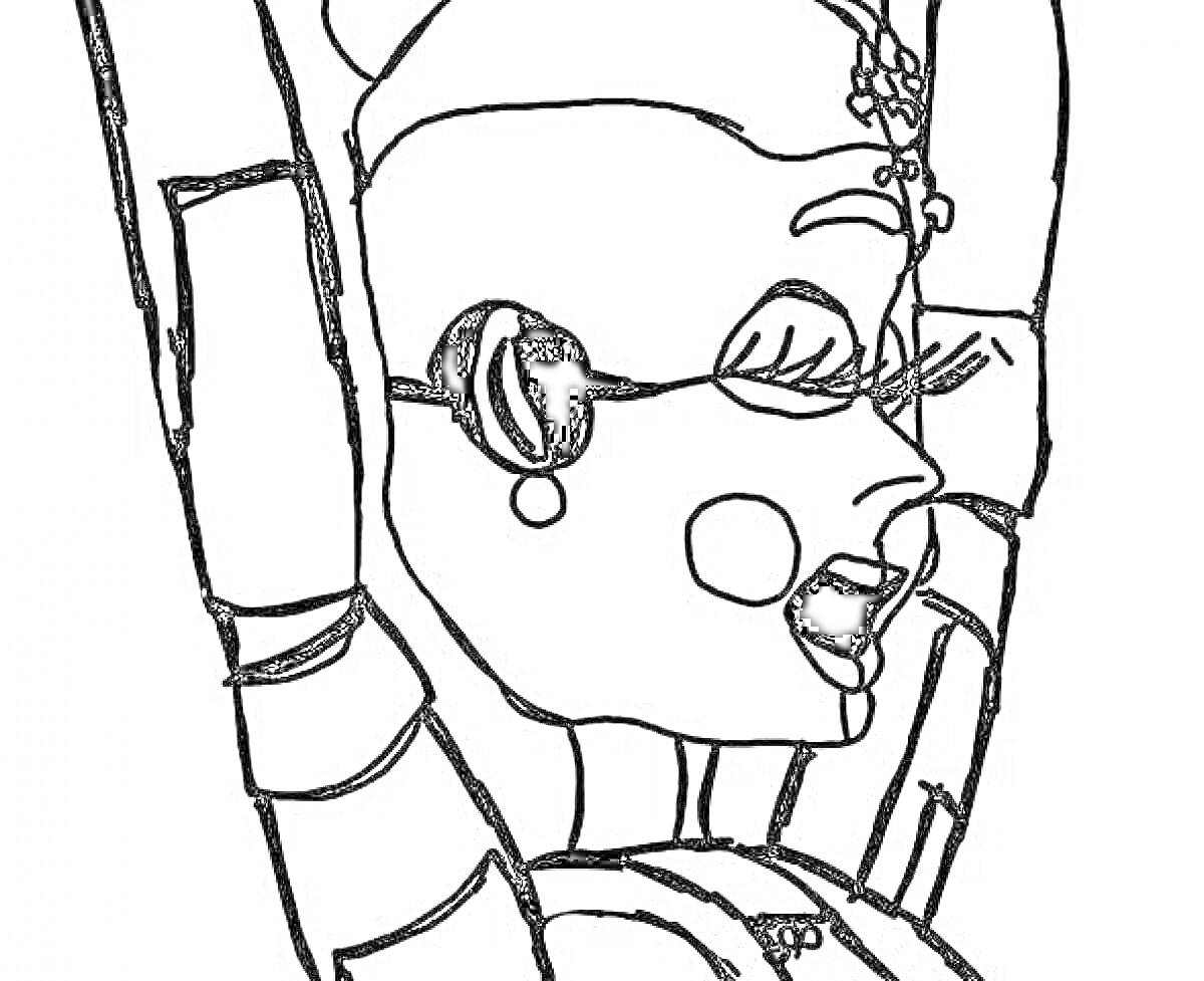 Раскраска Аниматроник с большими зубами, нарисованный в профиль, с солнечным украшением на голове, большие щёки, поднятые вверх руки