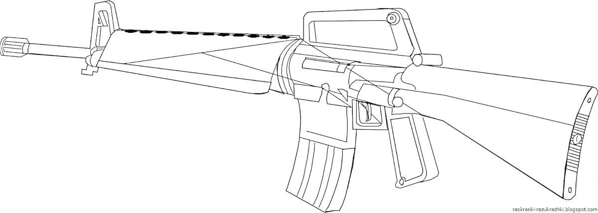 На раскраске изображено: Оружие, Автоматическая винтовка, Прицел, Приклад, Магазин