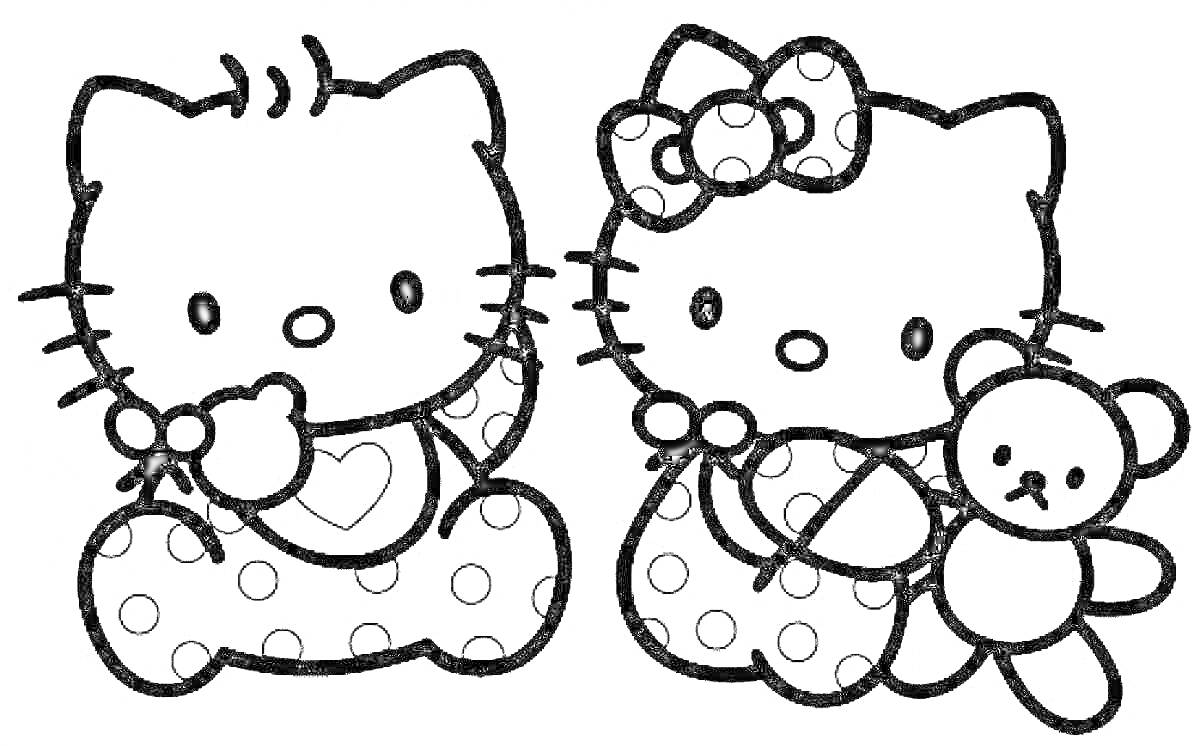 Раскраска Два котенка Хелло Китти в пижамах с игрушечным мишкой