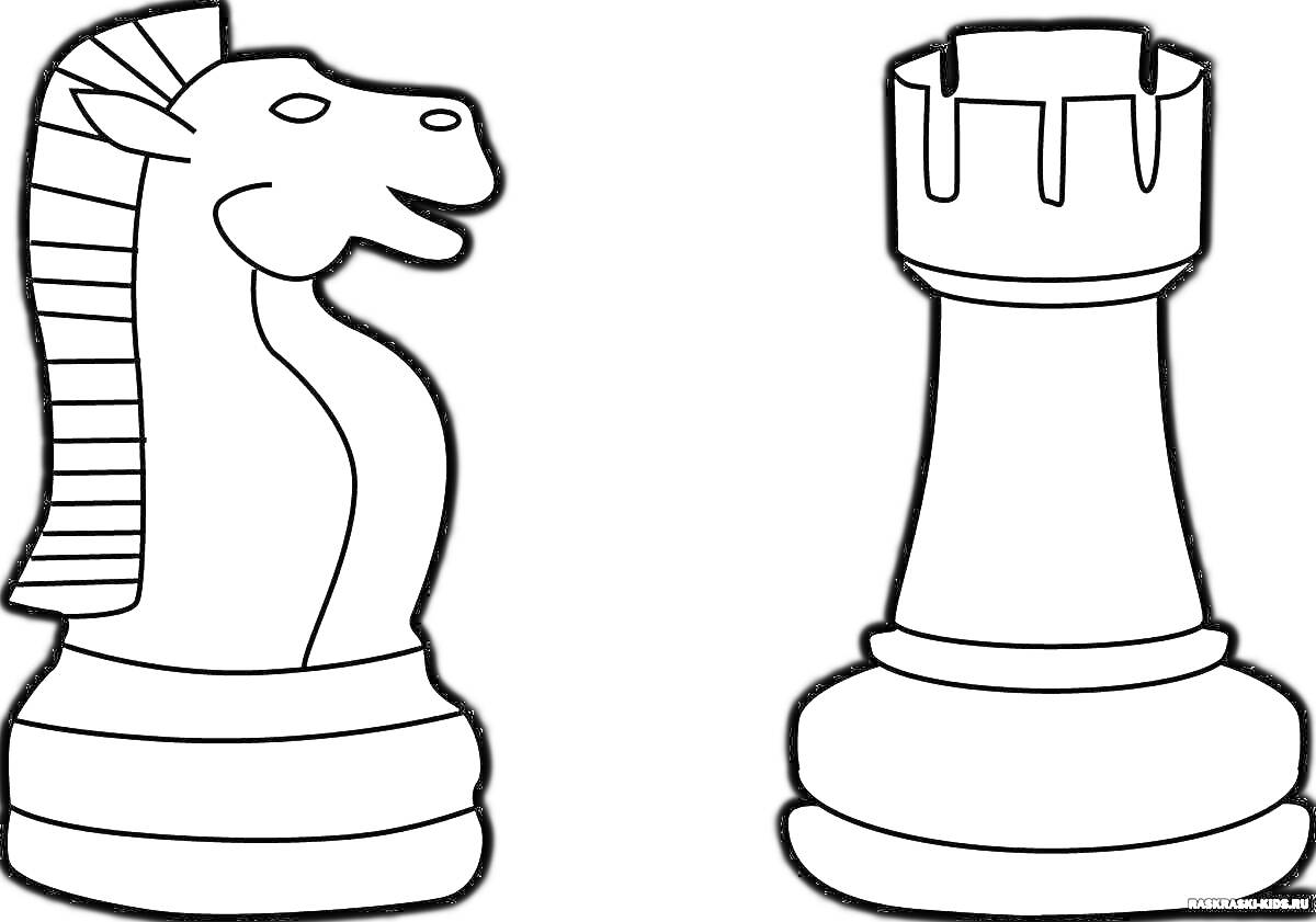 На раскраске изображено: Шахматы, Конь, Ладья, Фигуры, Для детей, Контурные рисунки