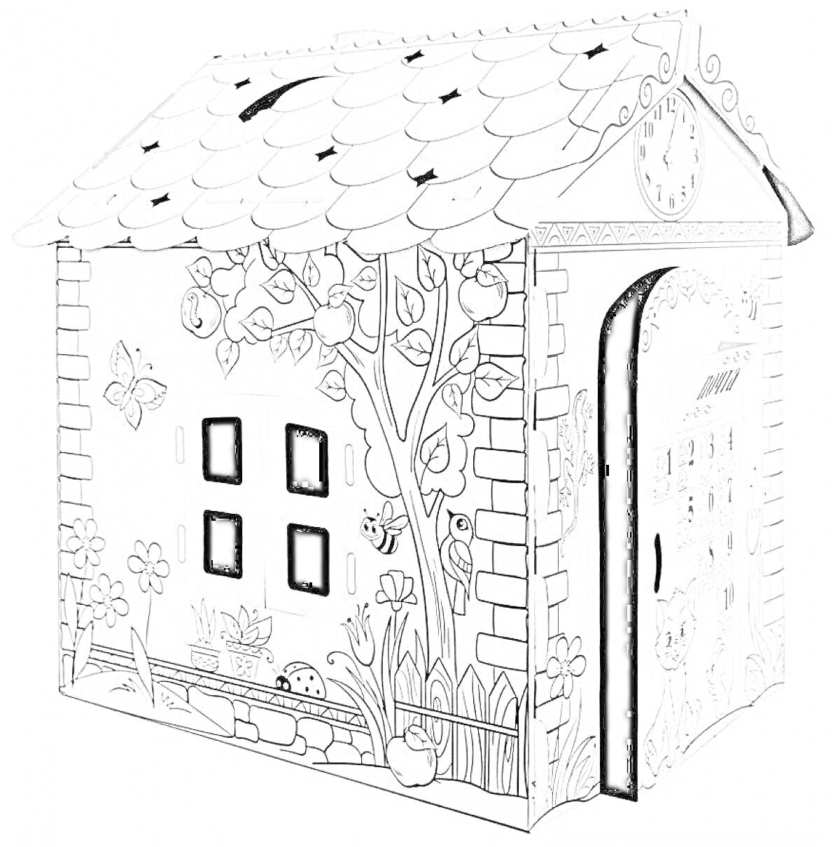 На раскраске изображено: Домик, Картонный, Цветы, Крыша, Дверь