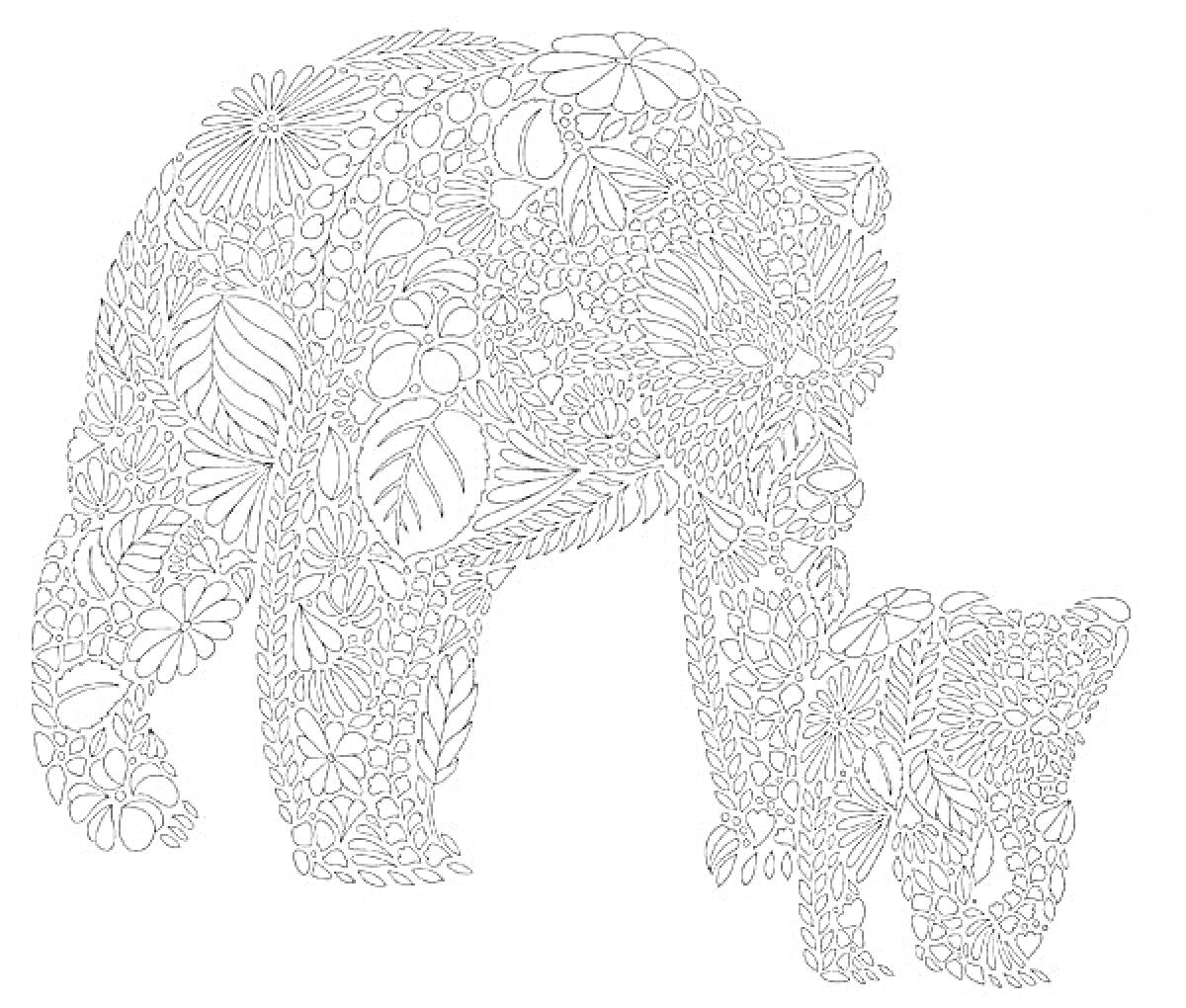 Раскраска Медведи, украшенные цветами и листьями