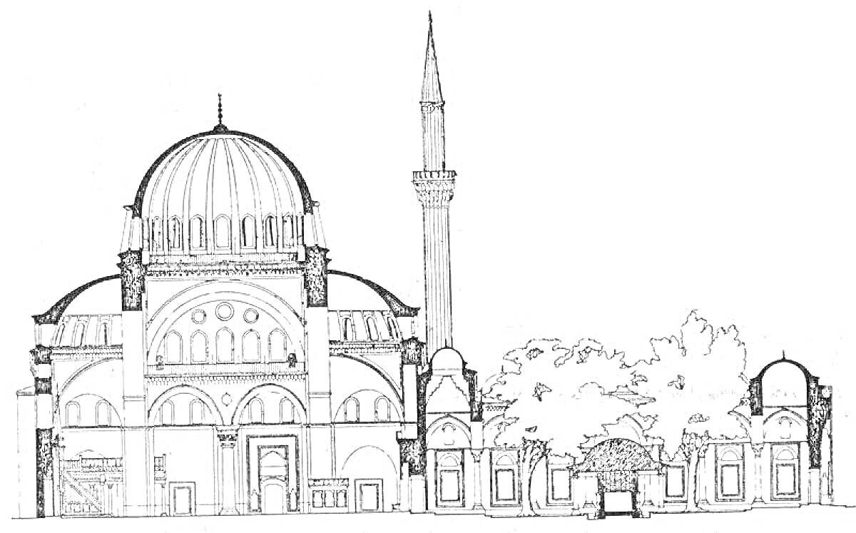 Раскраска Чертеж мечети с минаретом и деревьями на заднем плане