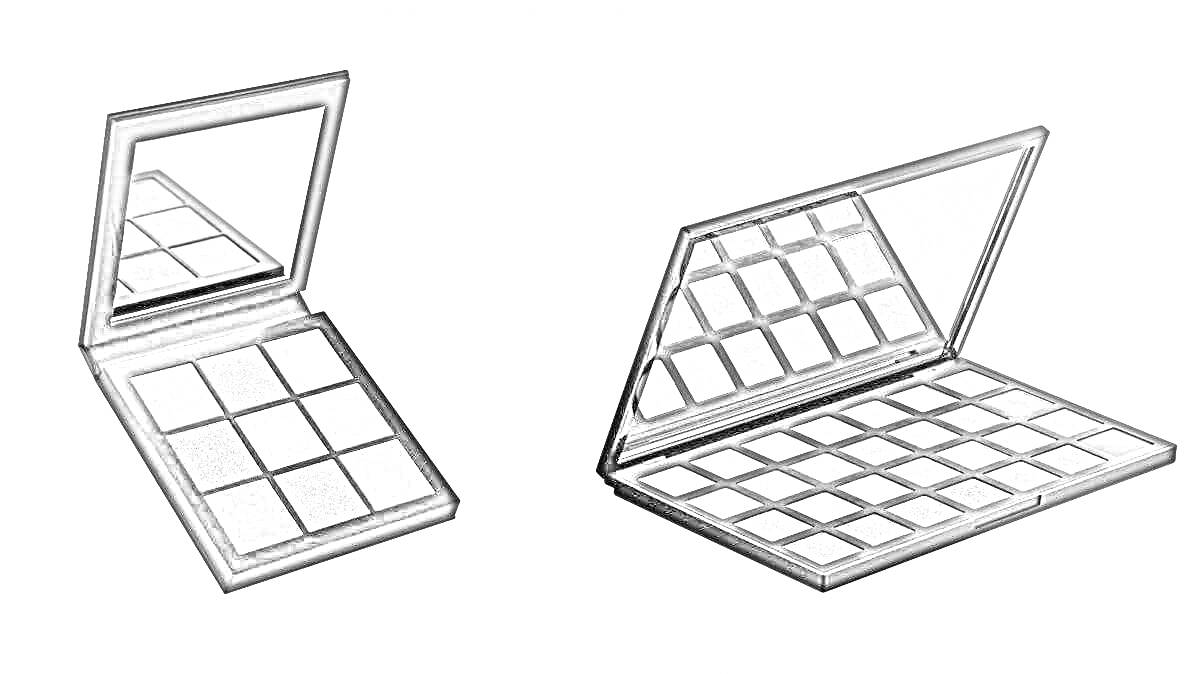 Раскраска Две палетки теней для глаз с зеркалом (меньшая палетка содержит 9 оттенков теней, большая палетка содержит 24 оттенка теней)