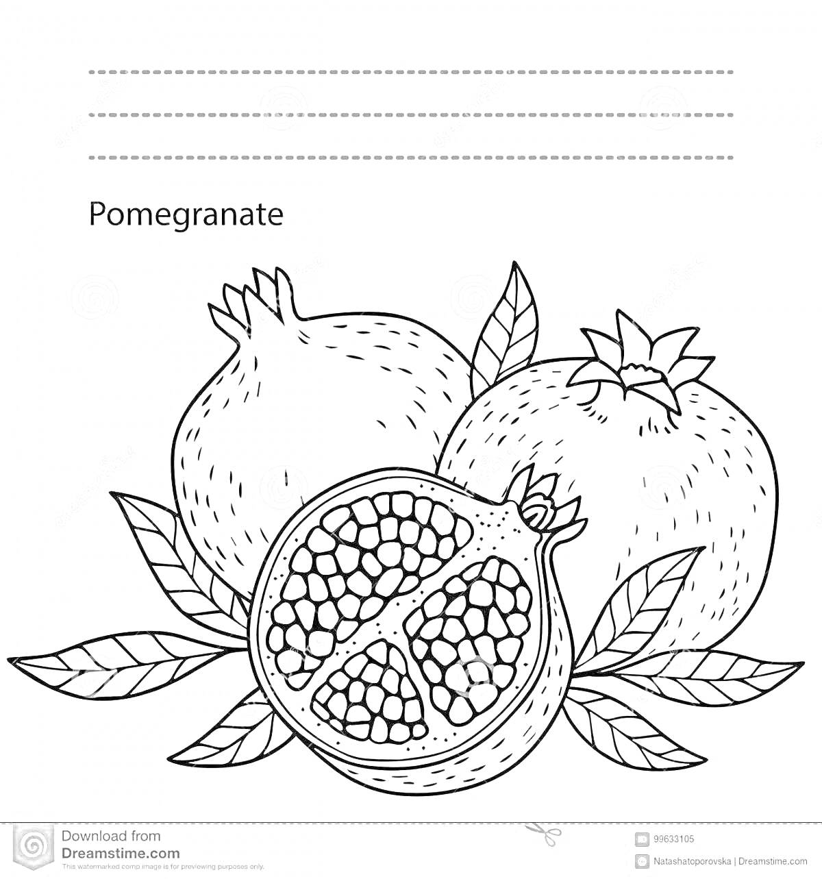 На раскраске изображено: Гранат, Фрукты, Разрезанный гранат, Листья
