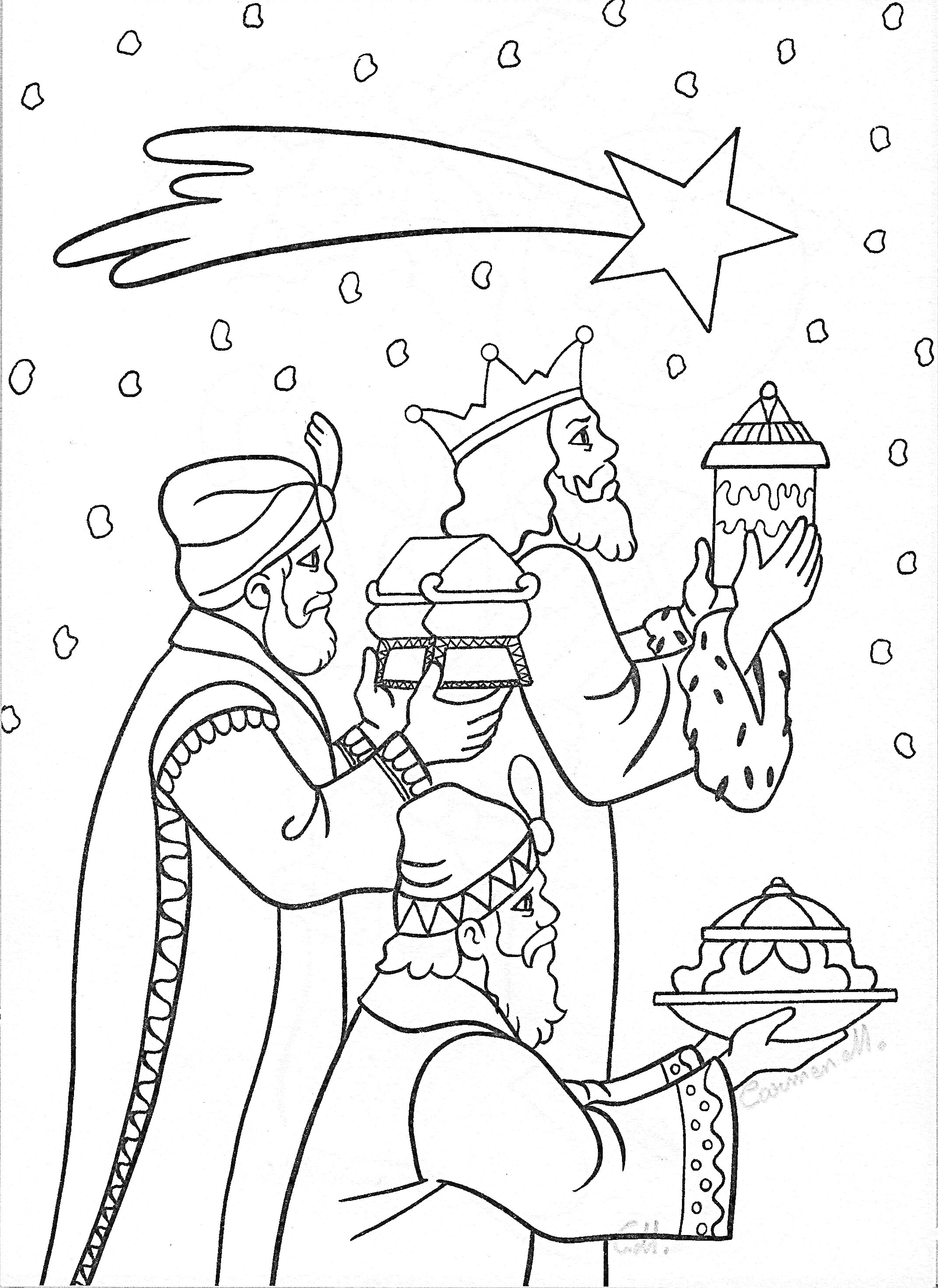 На раскраске изображено: Рождество, Волхвы, Дары, Вифлеемская звезда, Ночь, Головные уборы, Религия, Поклонение