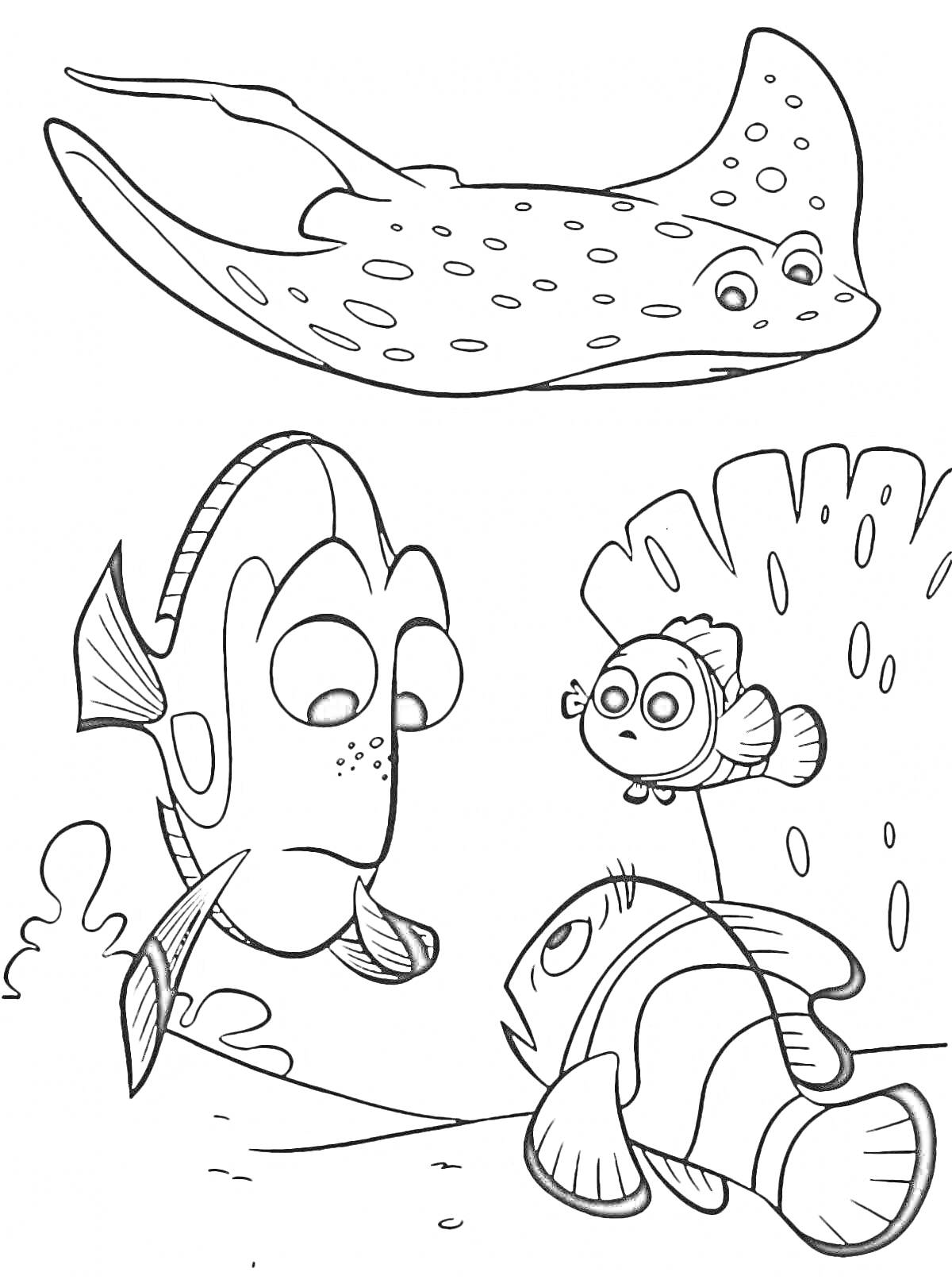 На раскраске изображено: Дори, Рыбка-клоун, Скат, Подводный мир