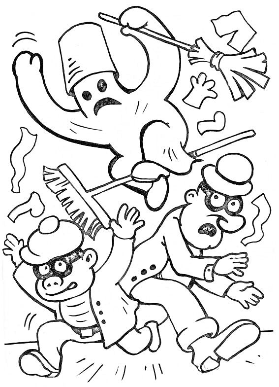 Раскраска Два убегающих бандита в масках, преследуемые фигурой в простыне с ведром на голове и метлой