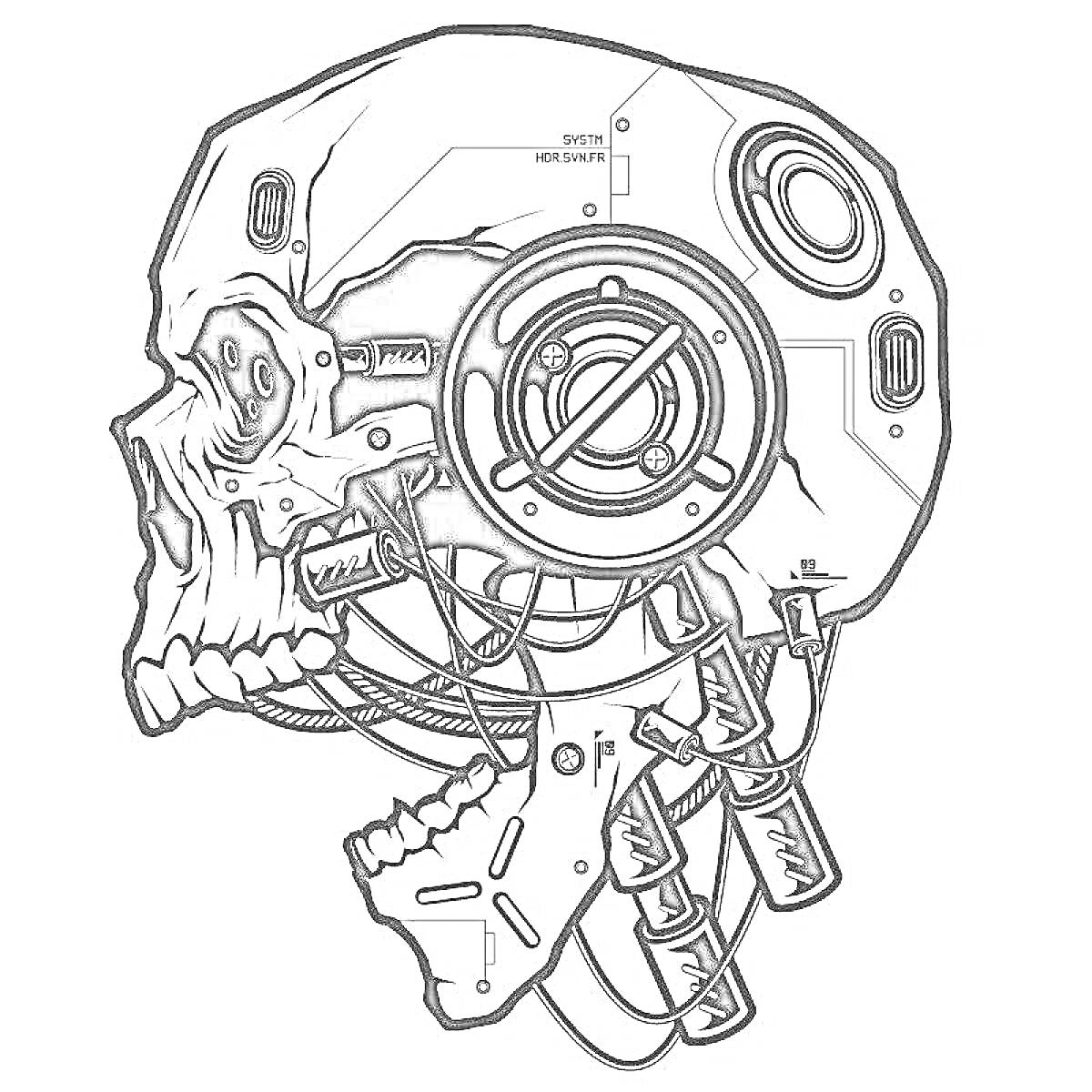 Раскраска Киберпанковский череп с проводами и электроникой