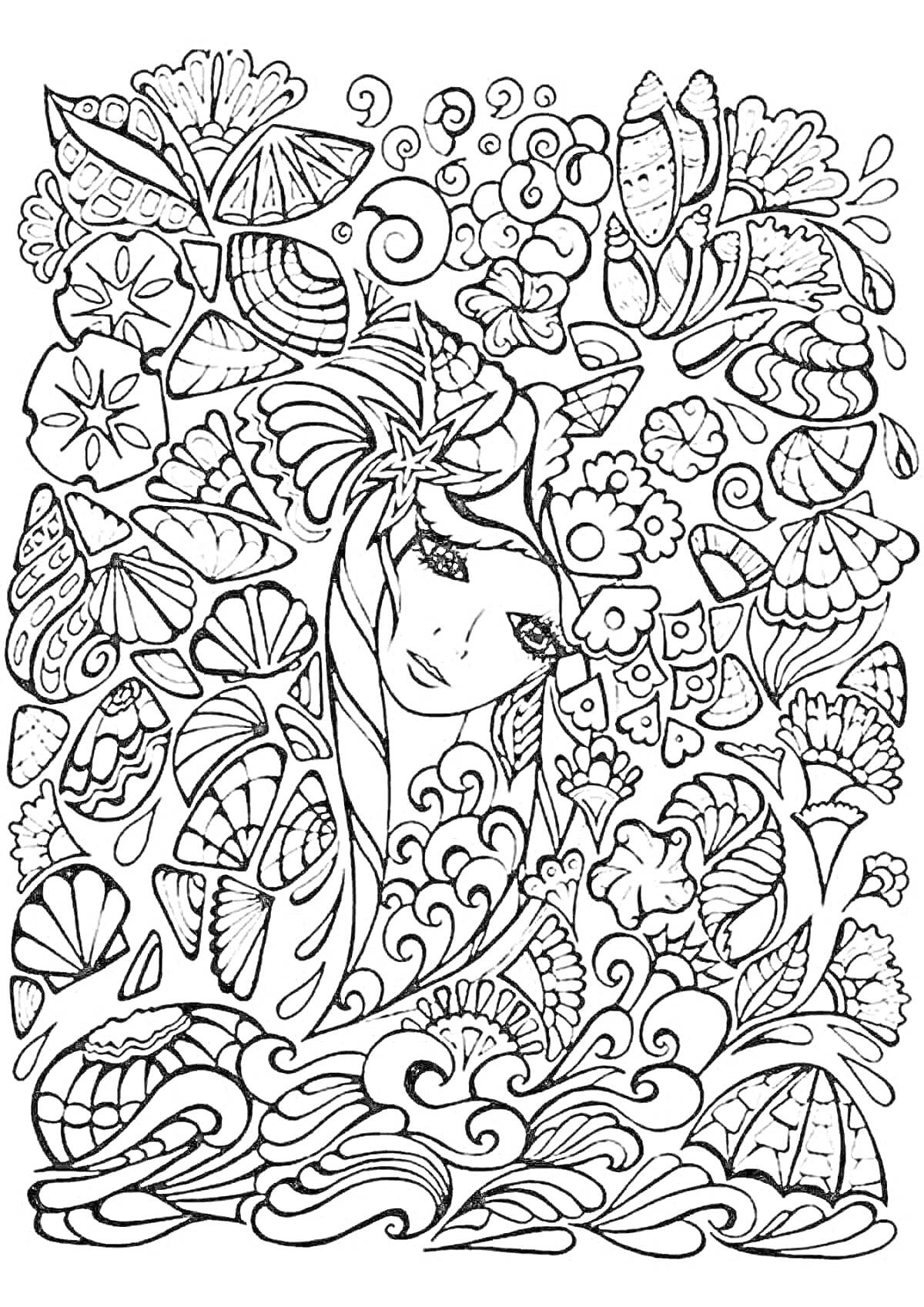 Раскраска Девушка с морскими ракушками, цветами и волнами