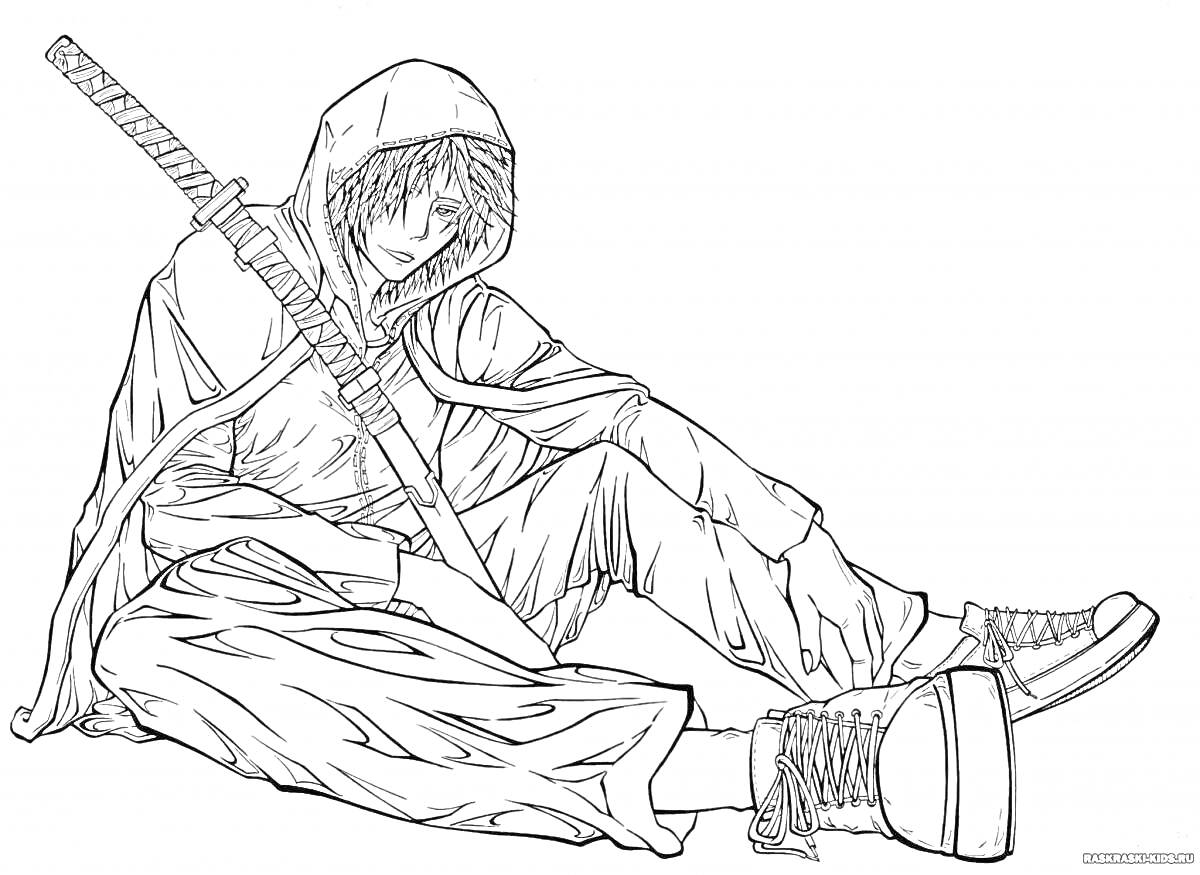 Раскраска Мальчик сидит в худи с капюшоном и мечом, прислоненным к плечу
