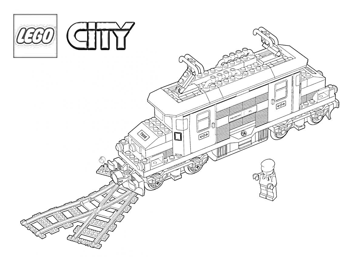Раскраска Лего поезд с рельсами и фигуркой, логотип LEGO CITY