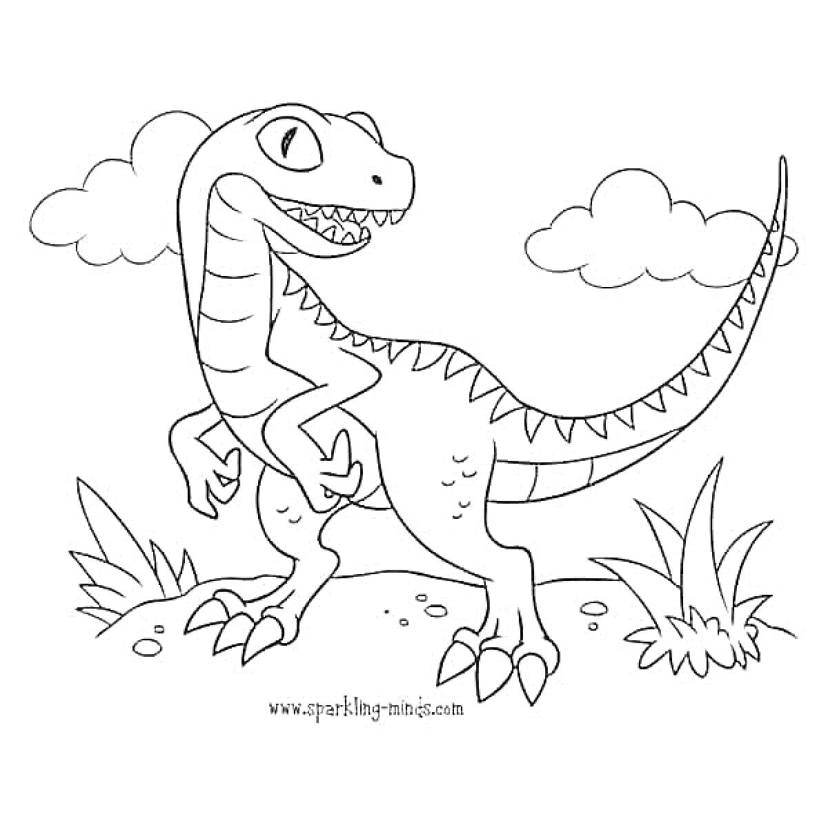 Раскраска Динозавр с облаками и травой