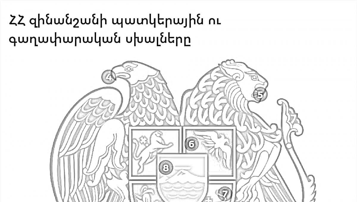 Раскраска Герб Армении с орлом и львом, четырьмя гербами исторических армянских королевств и щитом с горой Арарат