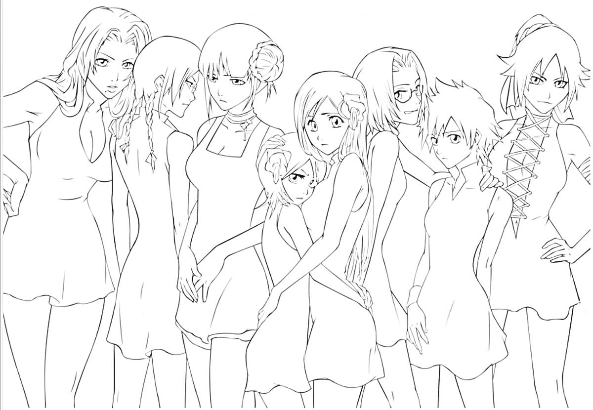 На раскраске изображено: Аниме, Человек, Группа, Платье, Длинные волосы, Короткие волосы, Дружба