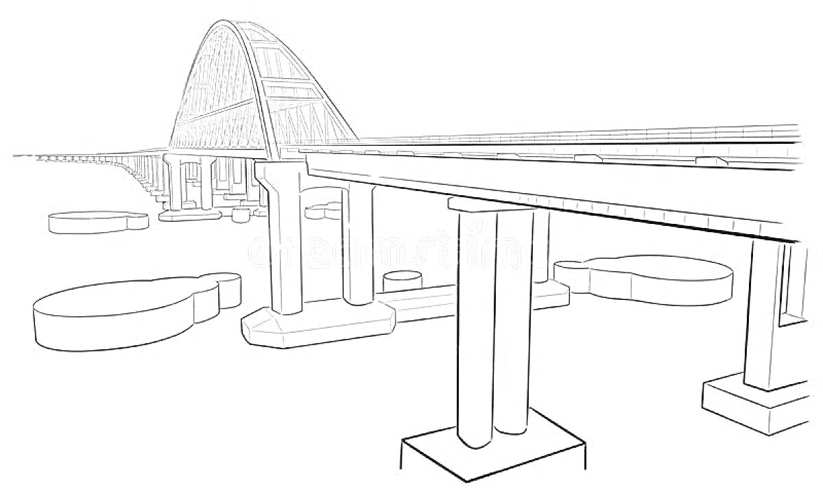 На раскраске изображено: Крымский мост, Мост, Арка, Столбы, Опоры, Конструкция, Архитектура