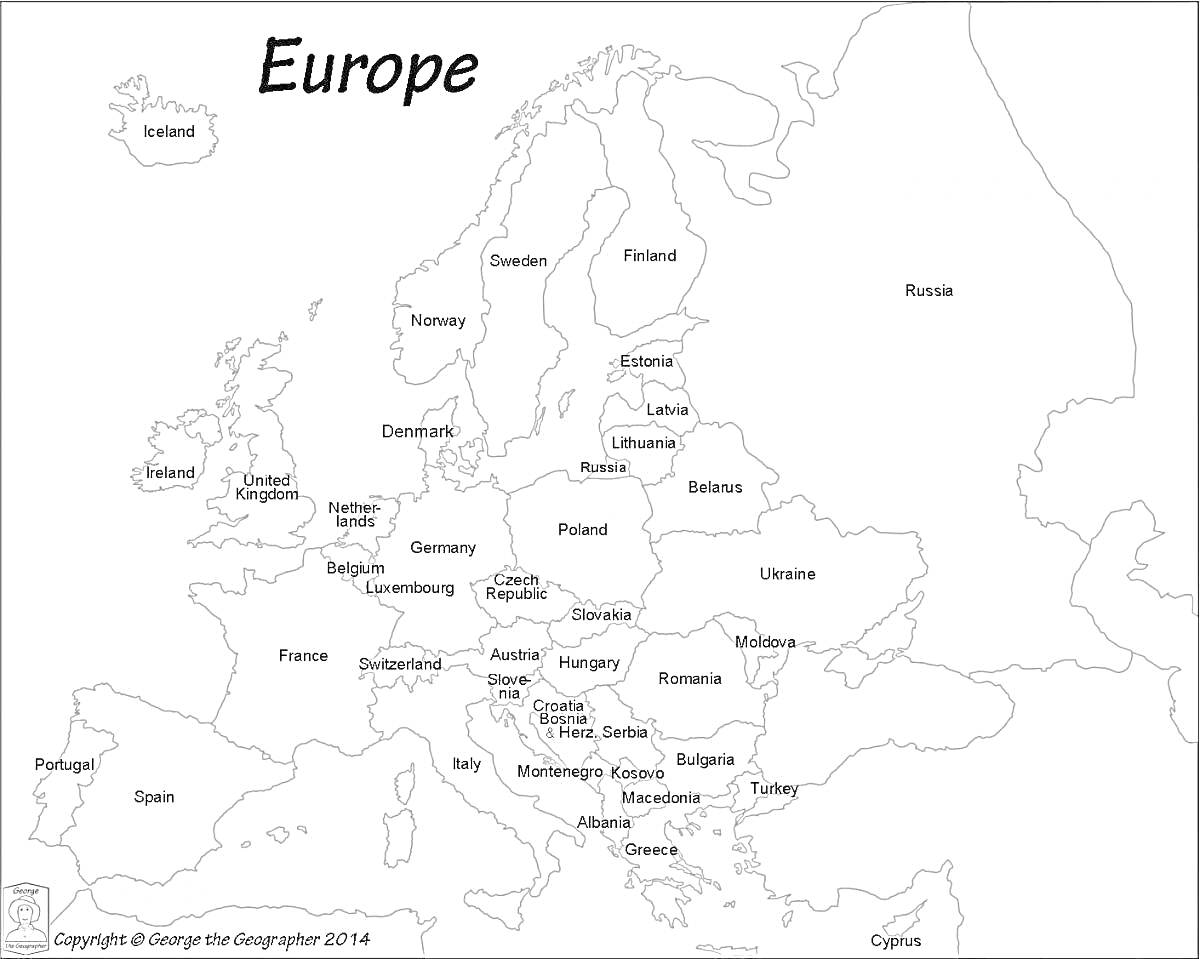 Раскраска Раскраска карты Европы с названиями стран и границами