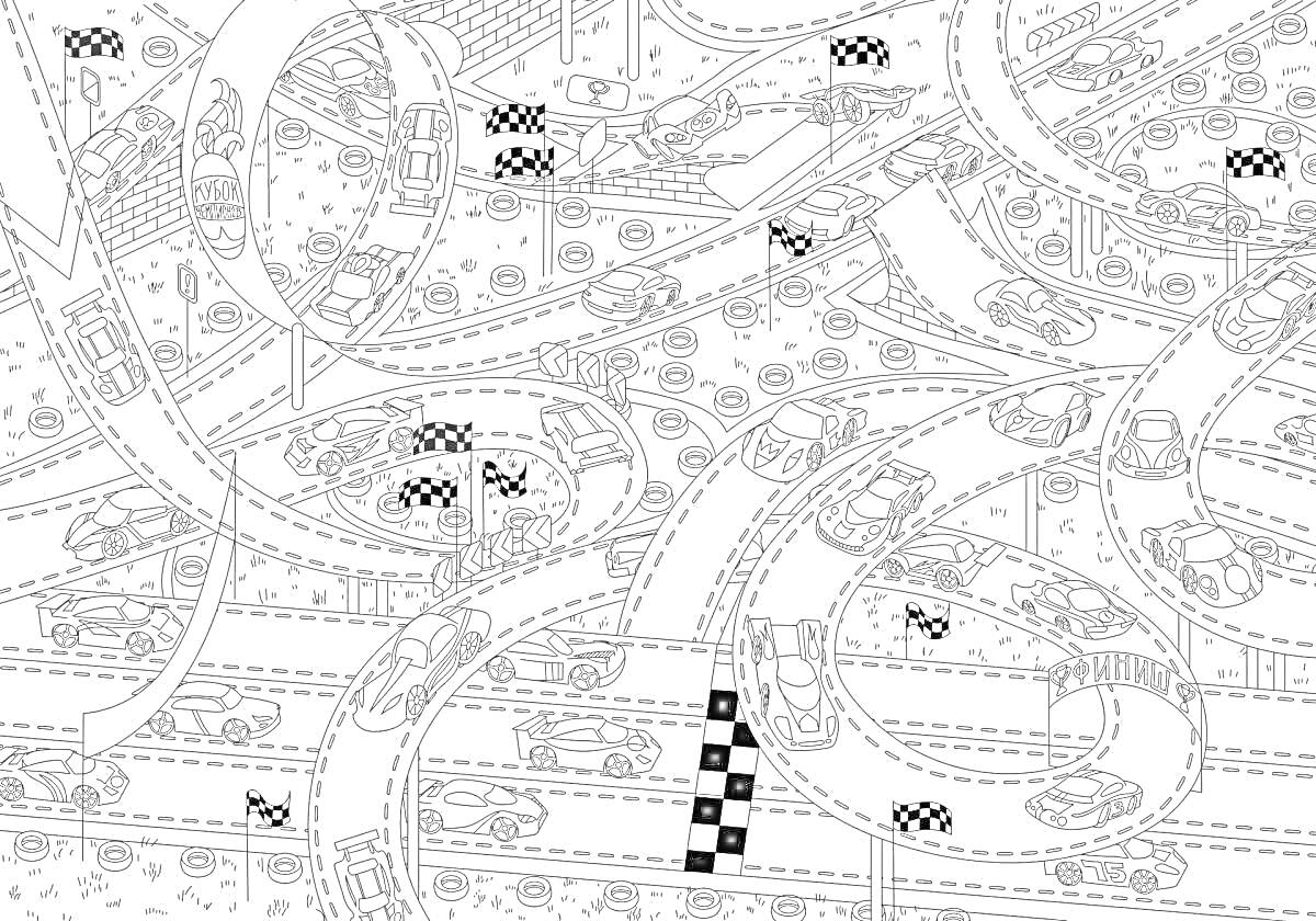 Раскраска Трек с машинками и флагами на извилистой дороге