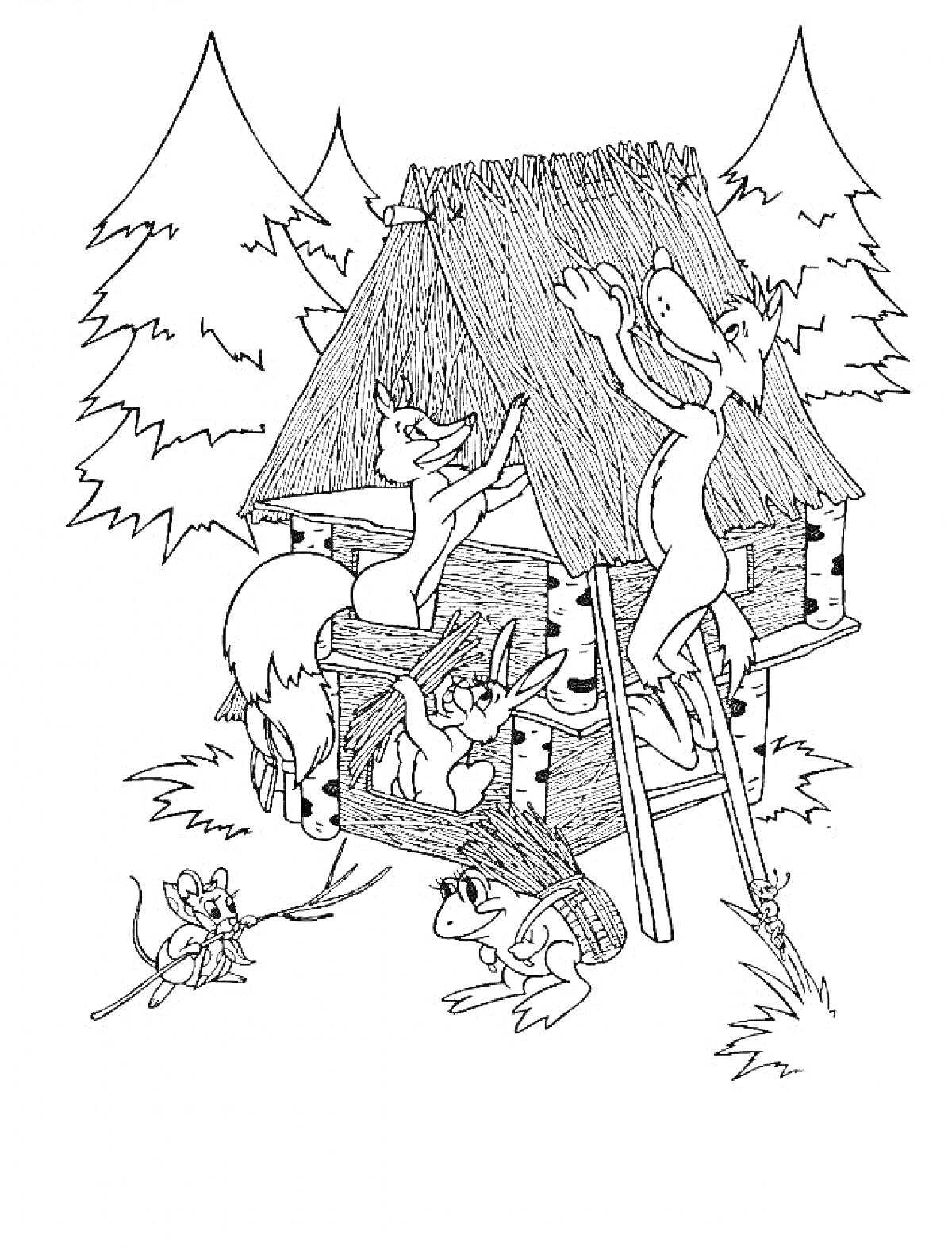 Раскраска Теремок с мышкой, лягушкой, зайцем, лисой и волком в лесу