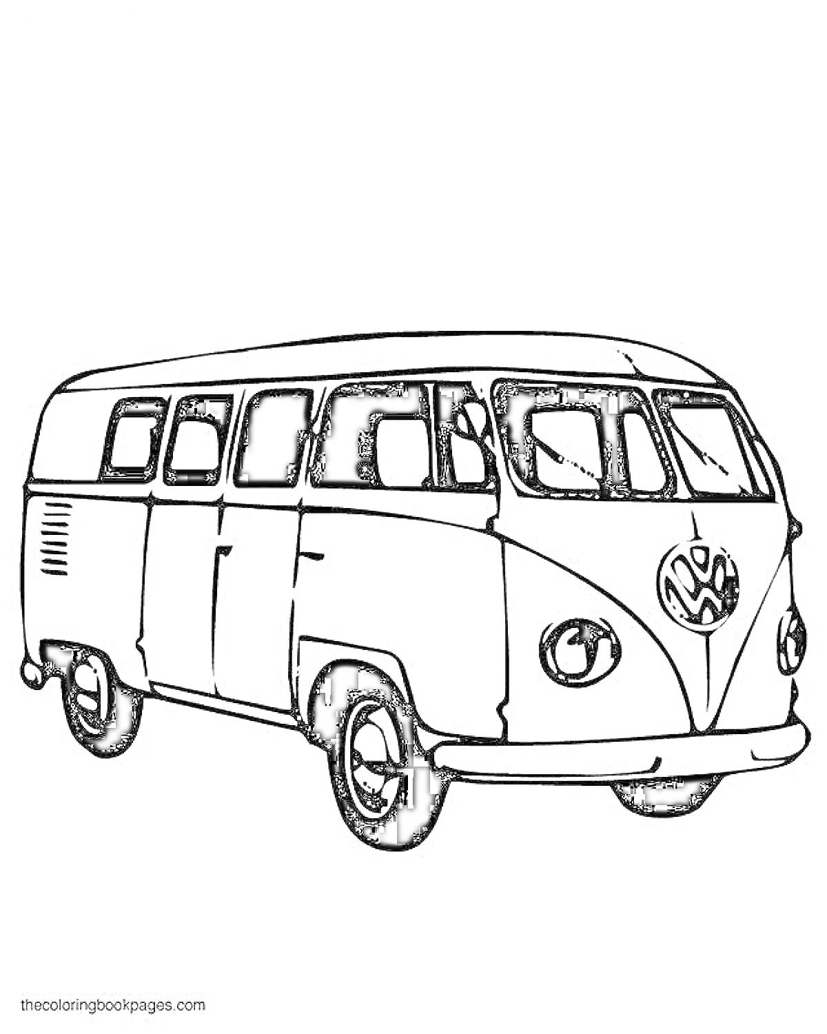 На раскраске изображено: Микроавтобус, Окна, Колёса, Вентиляционные отверстия