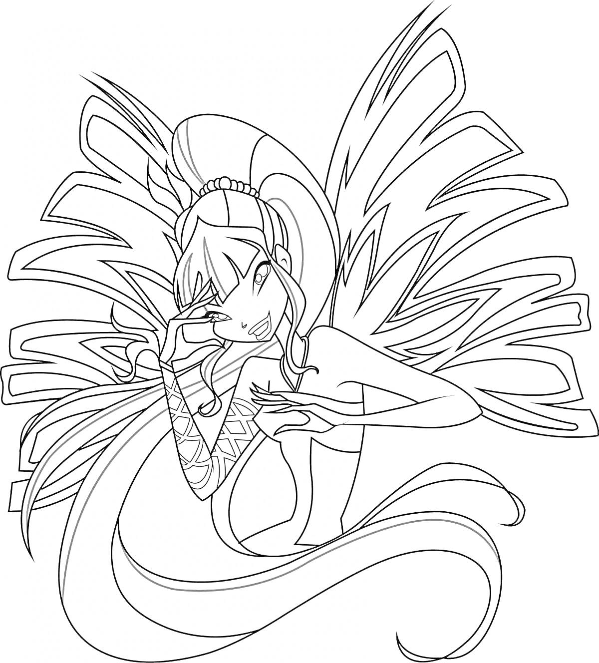 Раскраска Флора Сиреникс из Винкс с крыльями, повязкой на руке и длинными волосами