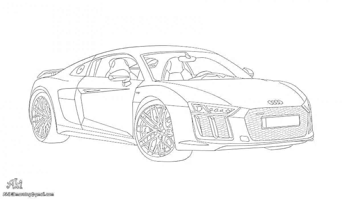 Раскраска Раскраска автомобиля Audi R8 с детализированными элементами, включая колеса, передние фары, боковые зеркала и решетку радиатора.