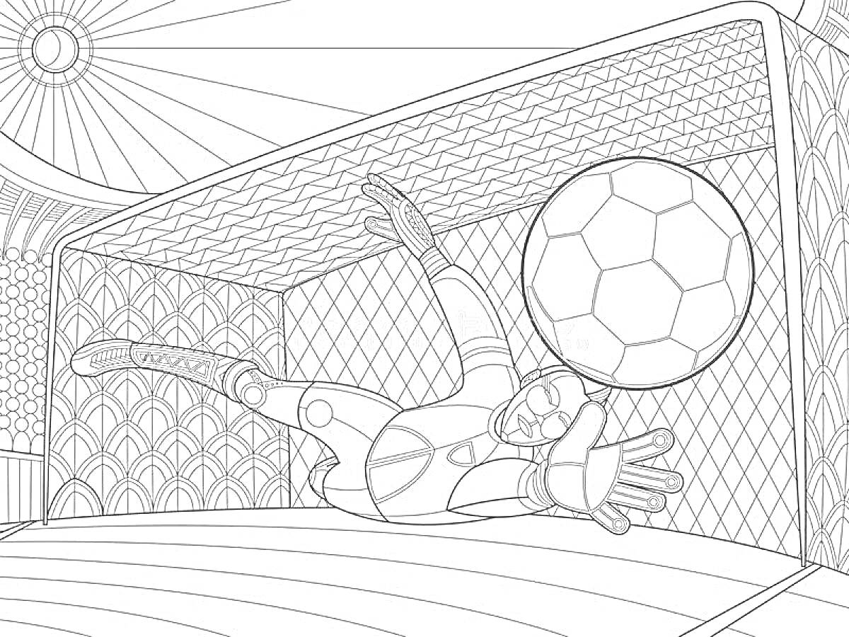 Раскраска Вратарь, отбивающий мяч в футбольных воротах на футбольном поле с трибунами и солнцем на заднем плане