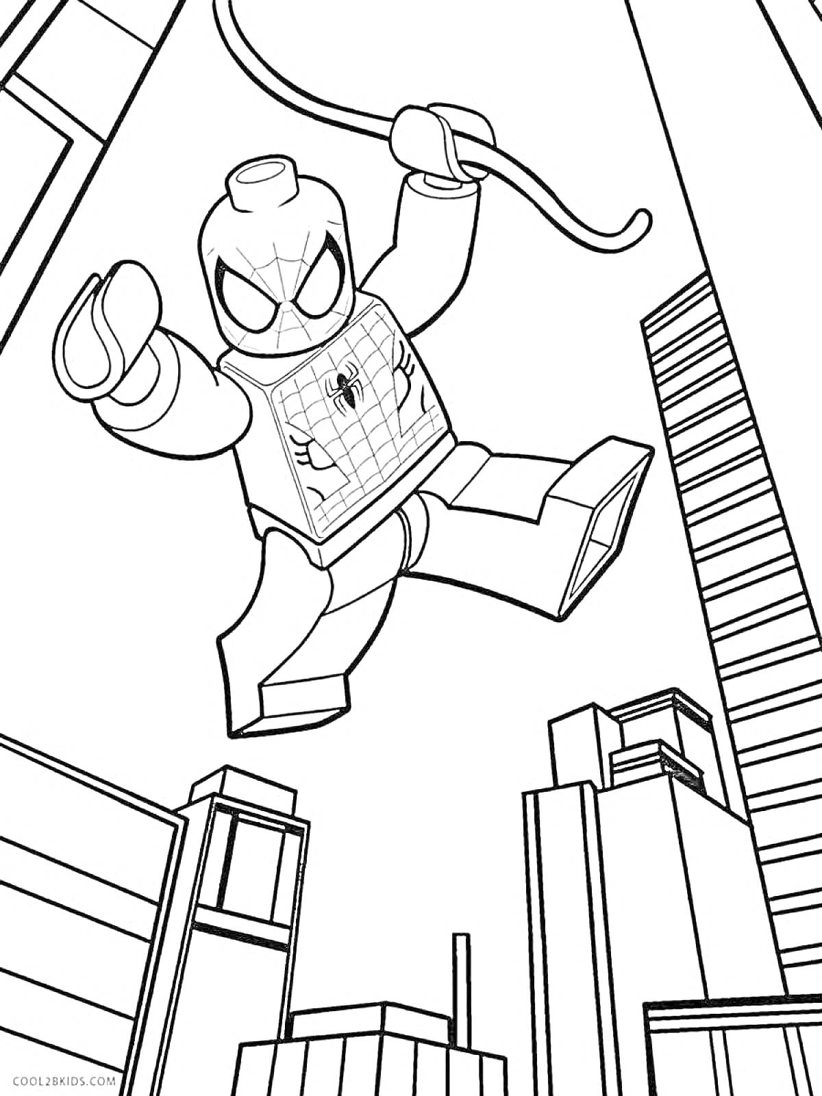 Раскраска Лего Человек-Паук, использующий паутину в городе среди небоскребов