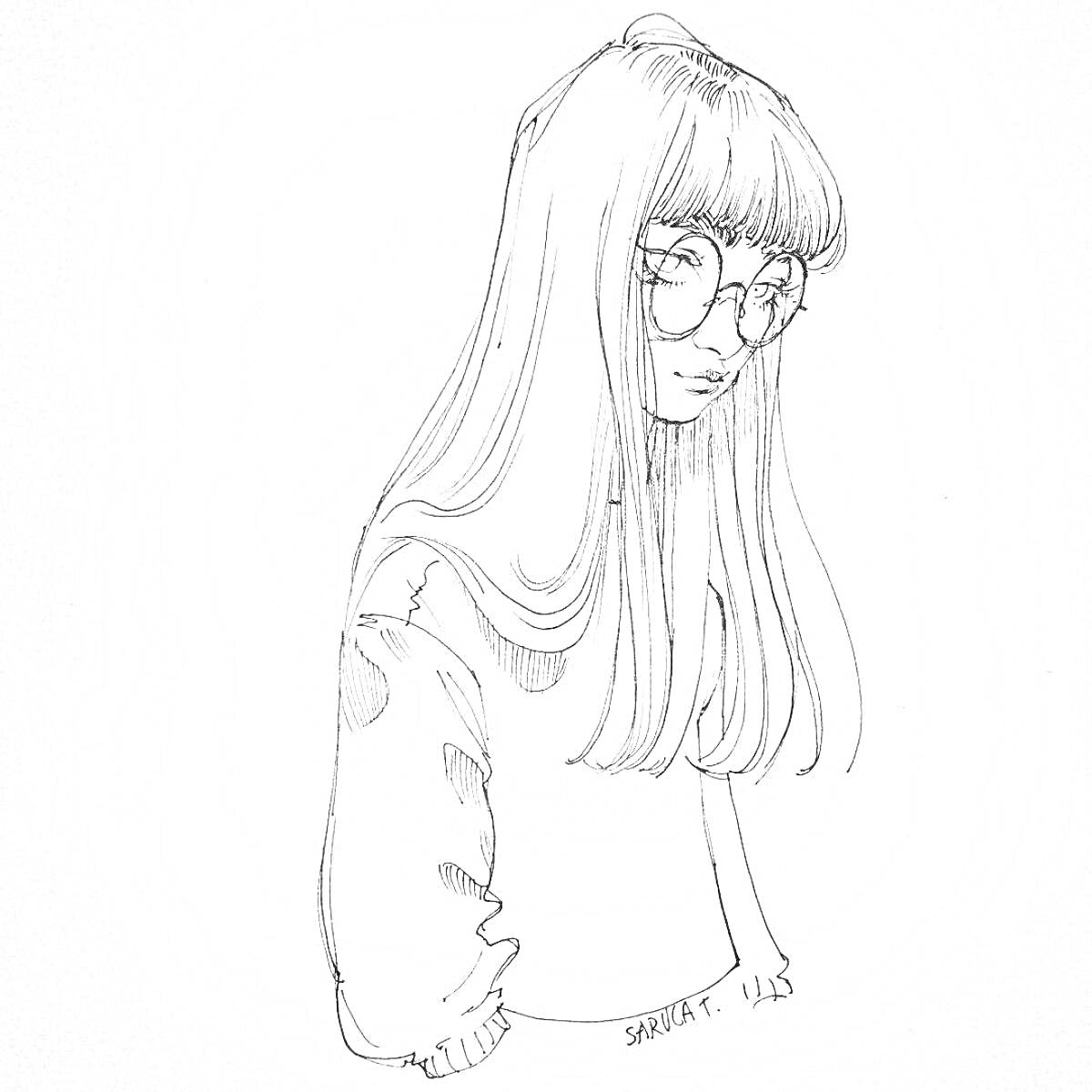Раскраска Девушка с длинными волосами в очках и свитере с узором