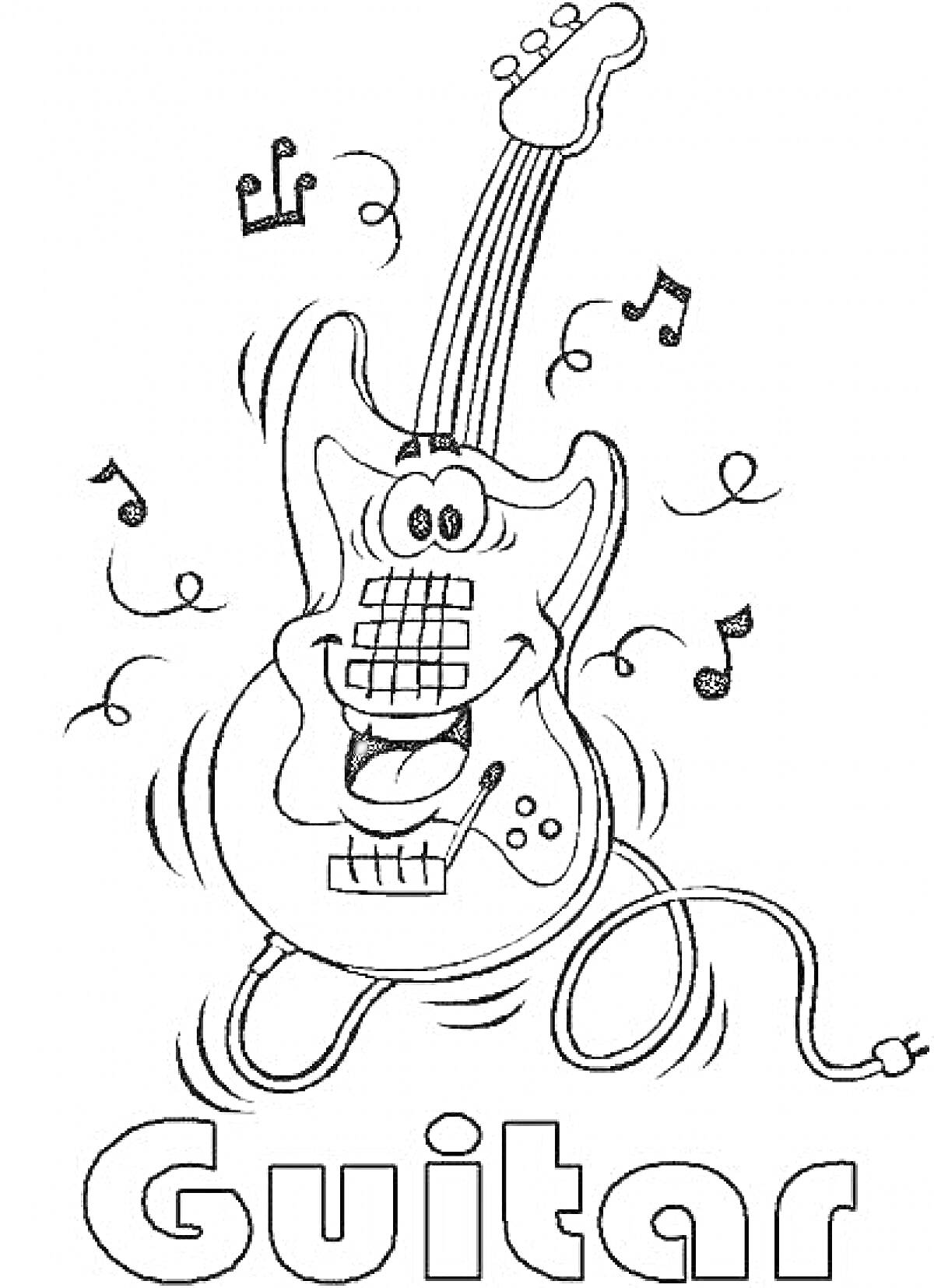 Раскраска Гитара с лицом, нотами и шнуром