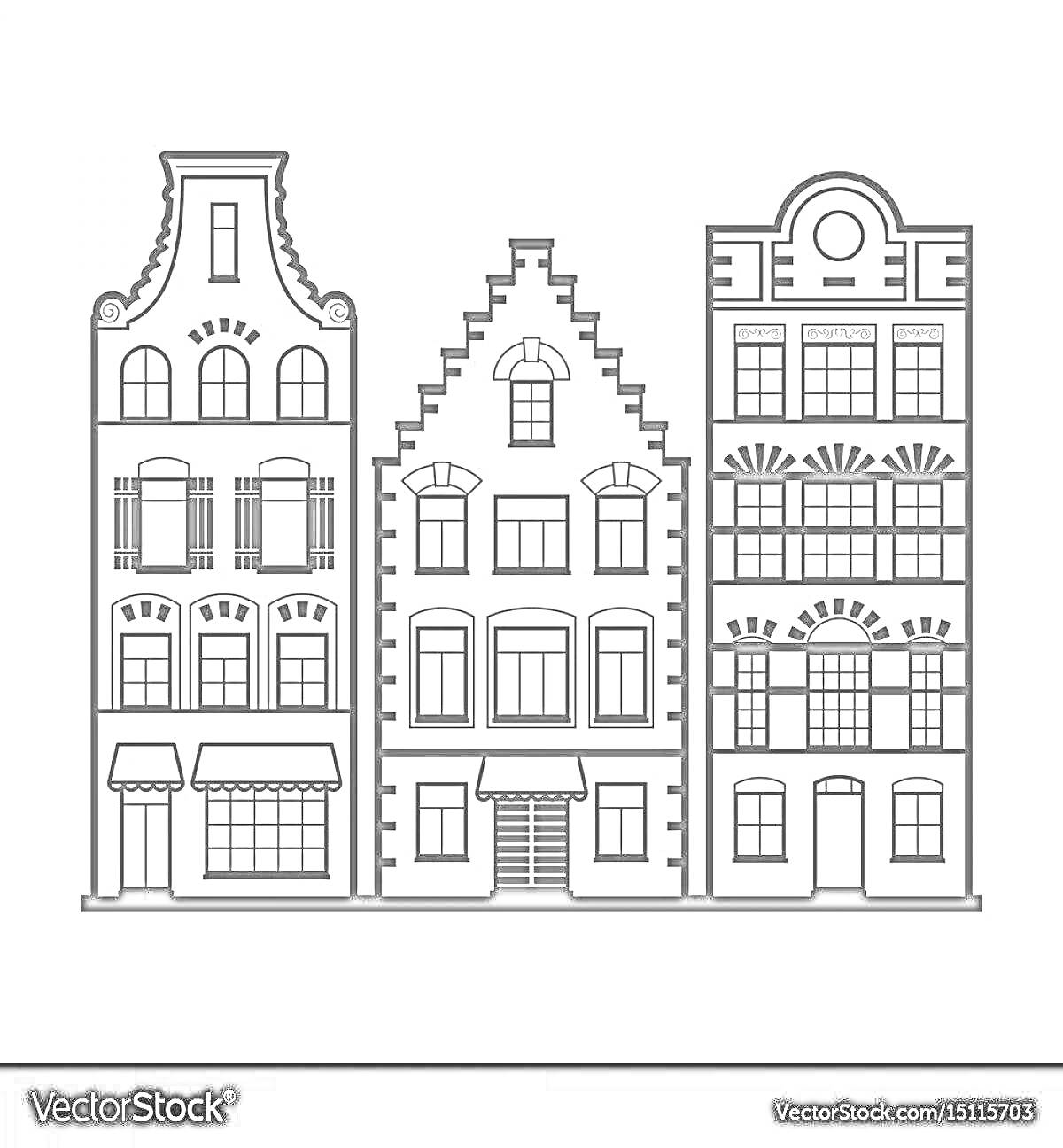 Раскраска Три традиционных амстердамских дома с высокими фасадами и характерными ручными подъемными блоками