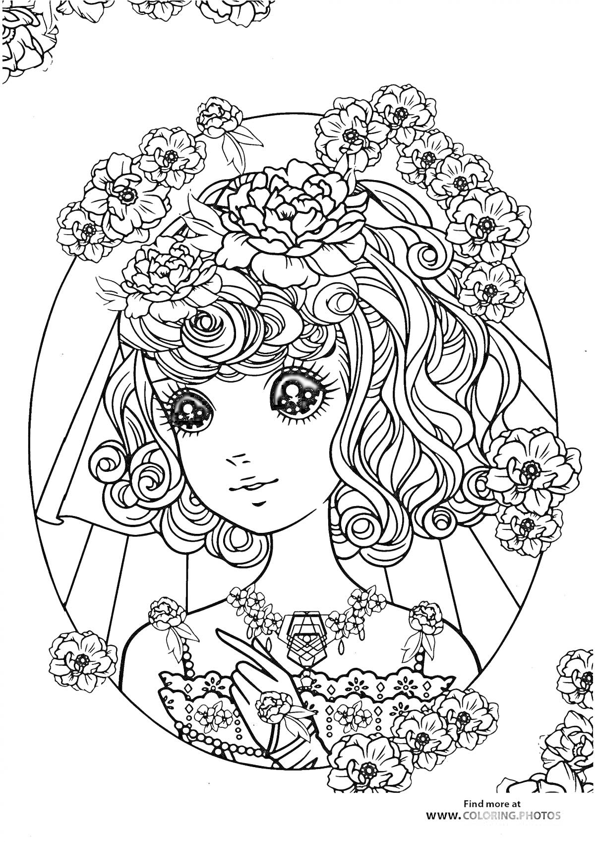 Раскраска Портрет девочки с цветами в волосах и на одежде