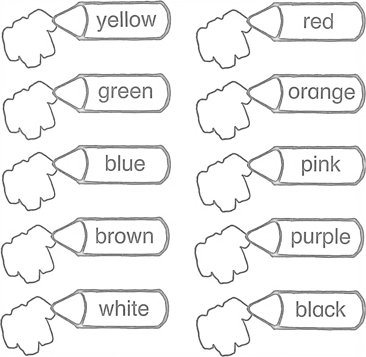 На раскраске изображено: Английский язык, Обучение, Карандаши, Yellow, Green, Blue, Brown, White, Red, Orange, Pink, Purple, Black