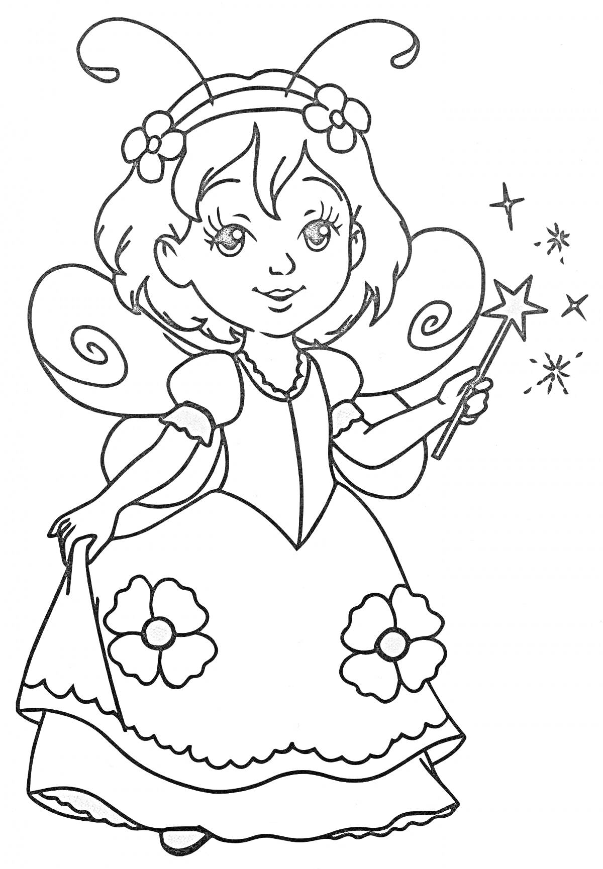 Раскраска Маленькая волшебница с крыльями, держащая волшебную палочку